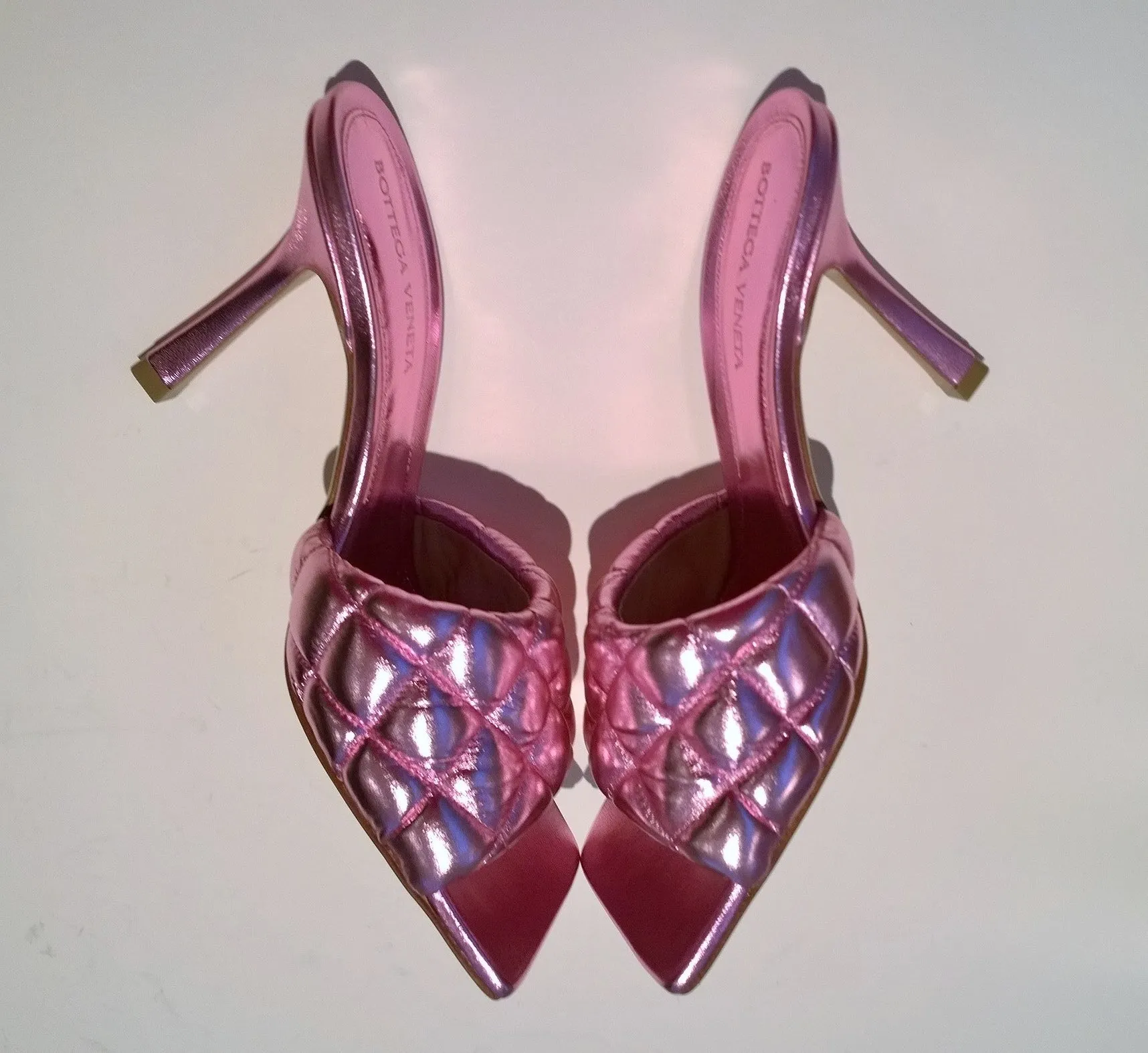 Bottega Veneta Quilted Padded Mules In Metallic Pink Leather Sandals Heels