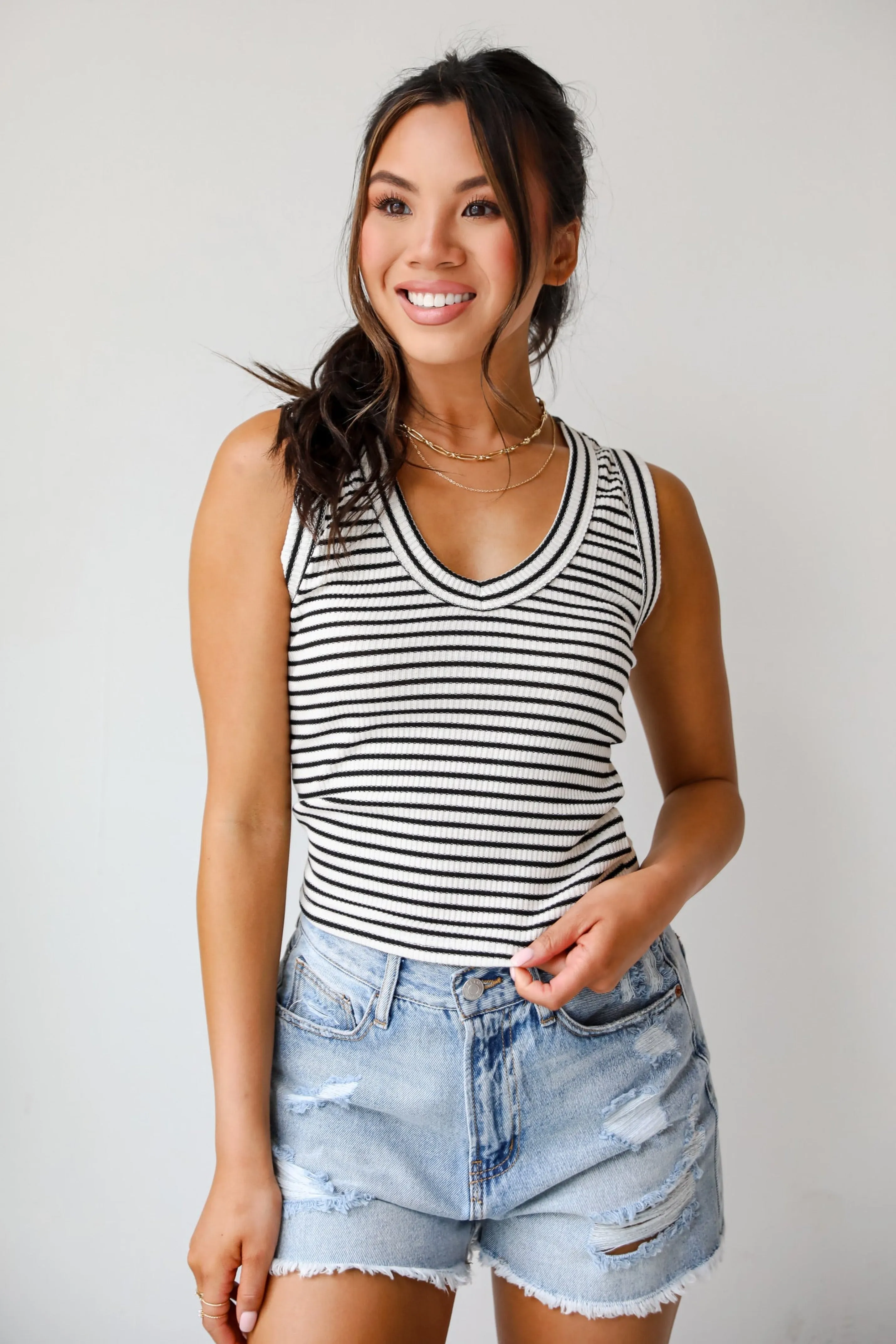 Bri Striped V-Neck Tank - DU DEAL