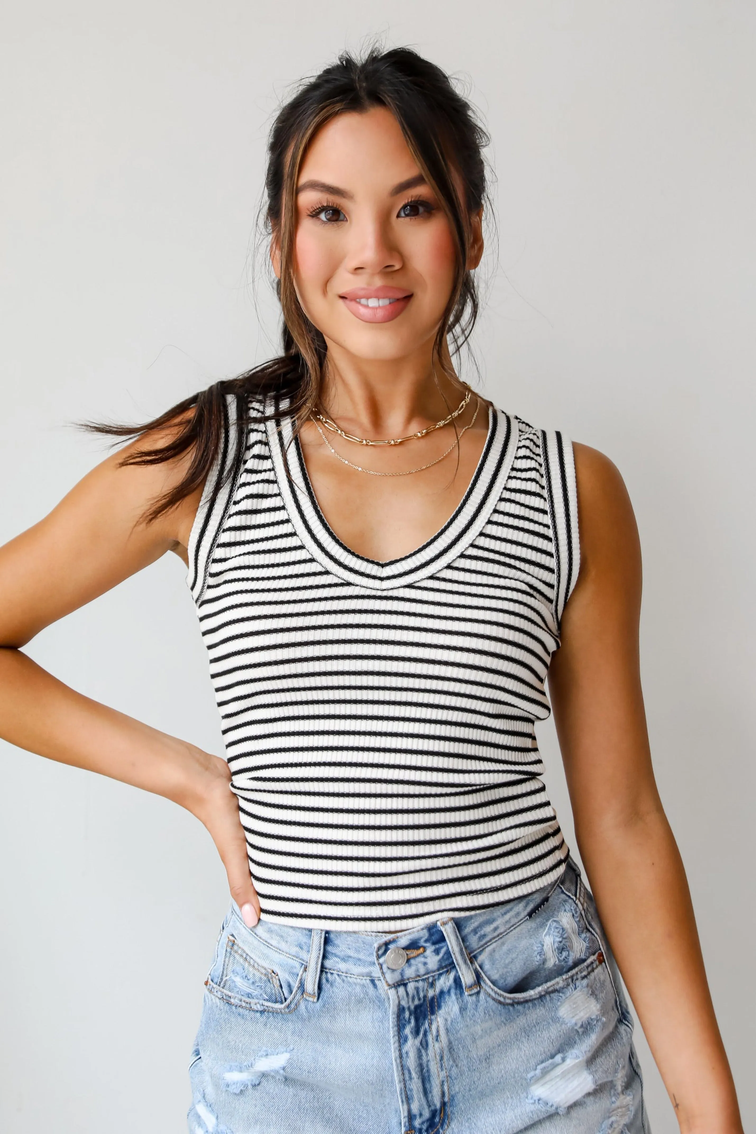 Bri Striped V-Neck Tank - DU DEAL