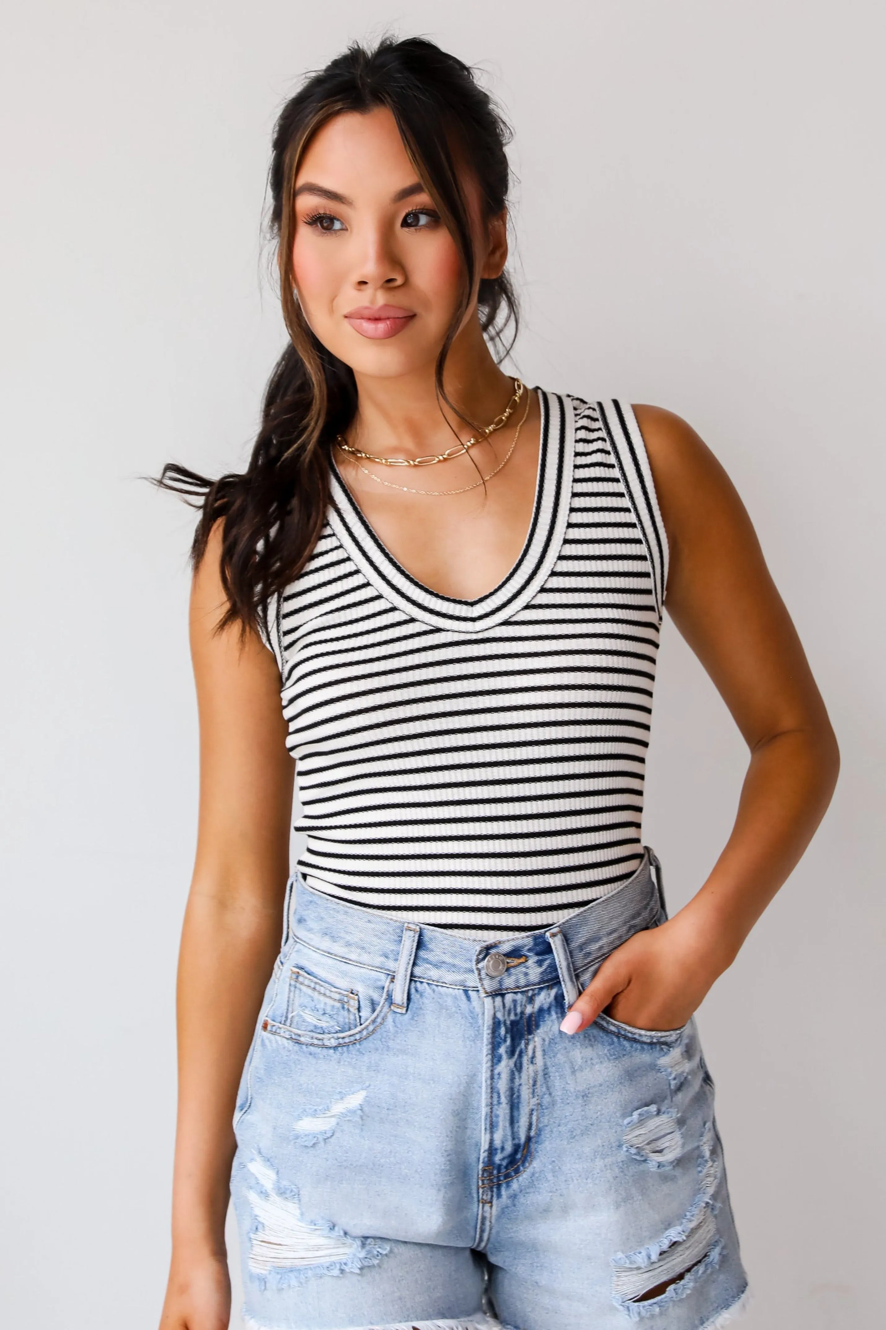 Bri Striped V-Neck Tank - DU DEAL