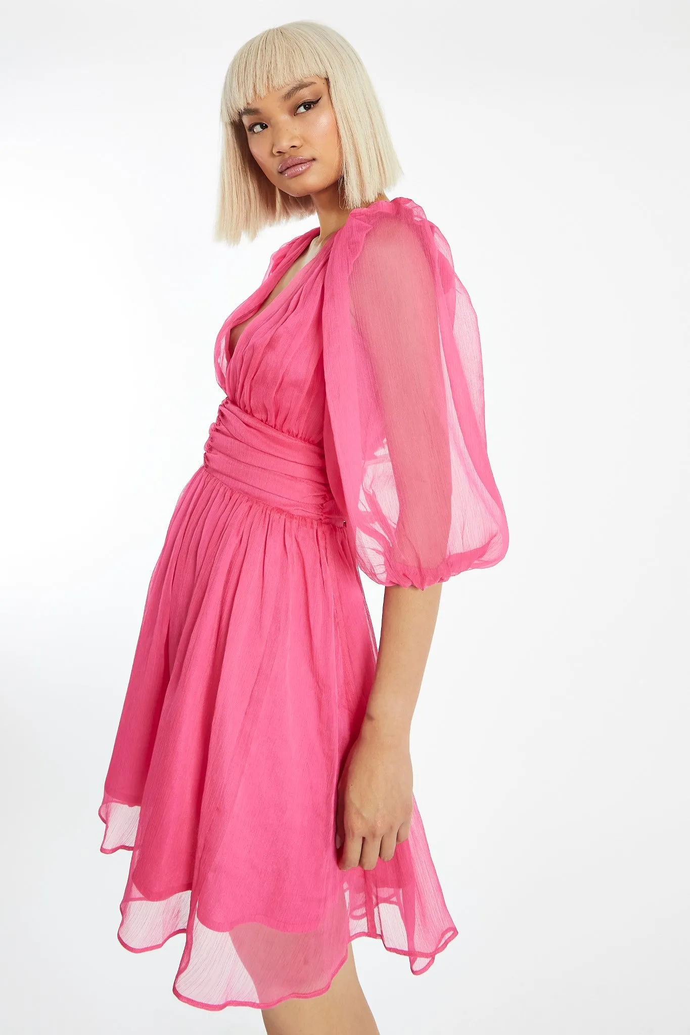 Bright-Pink Gathered Plunge Puff Sleeve Mini-Dress