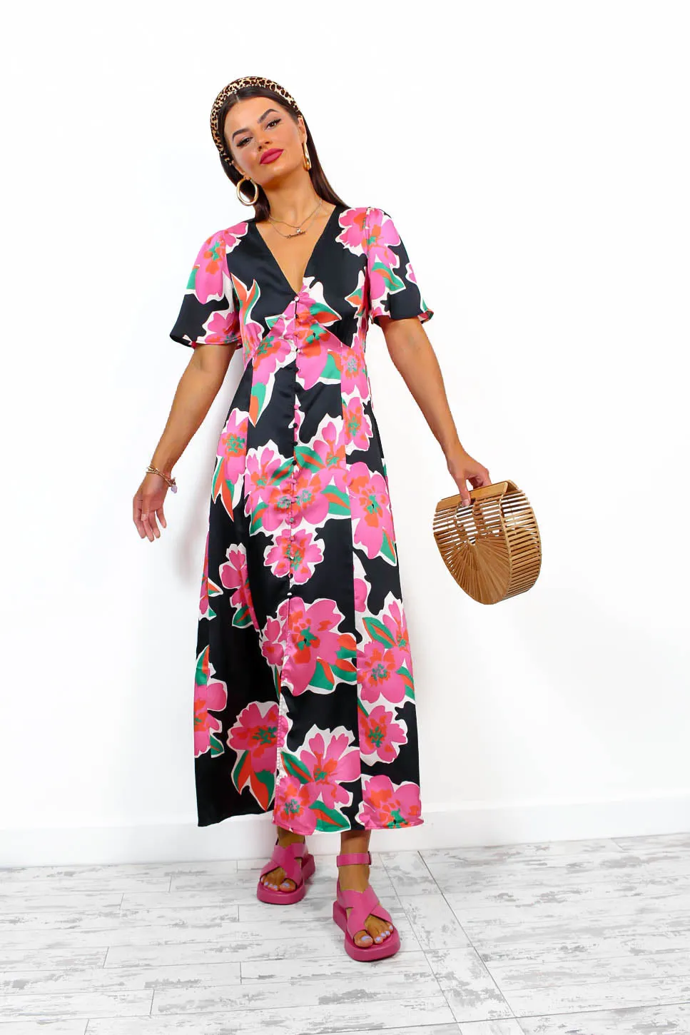 Brunch Babe - Black Multi Floral Midi Dress