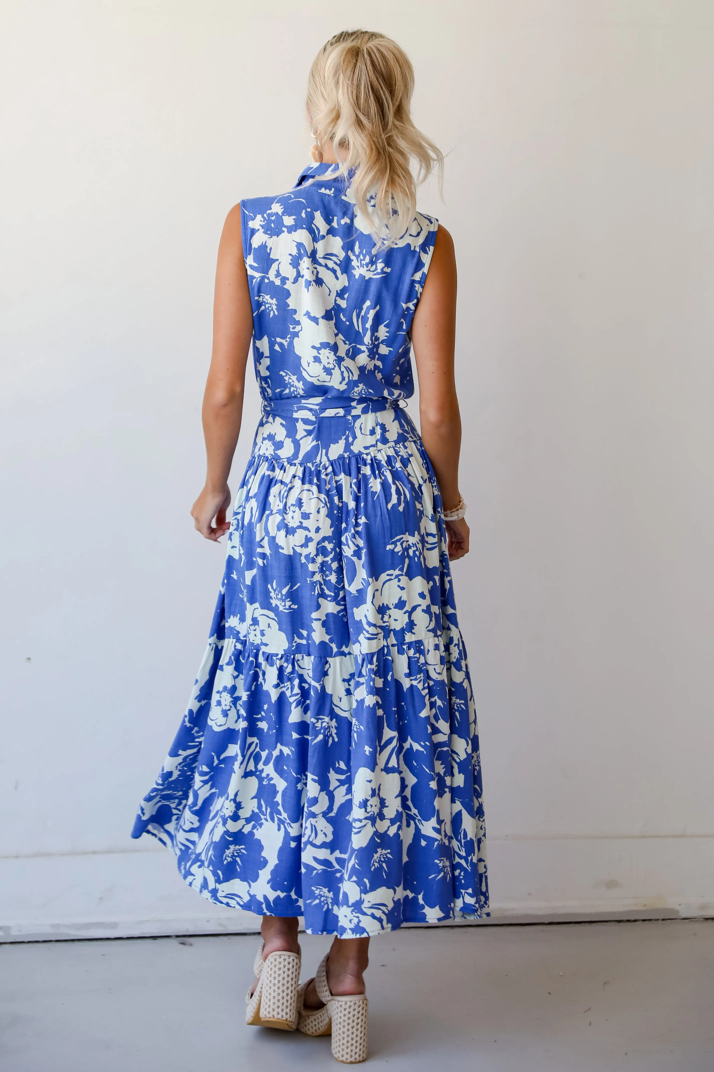 Charming Pose Royal Blue Floral Linen Maxi Dress