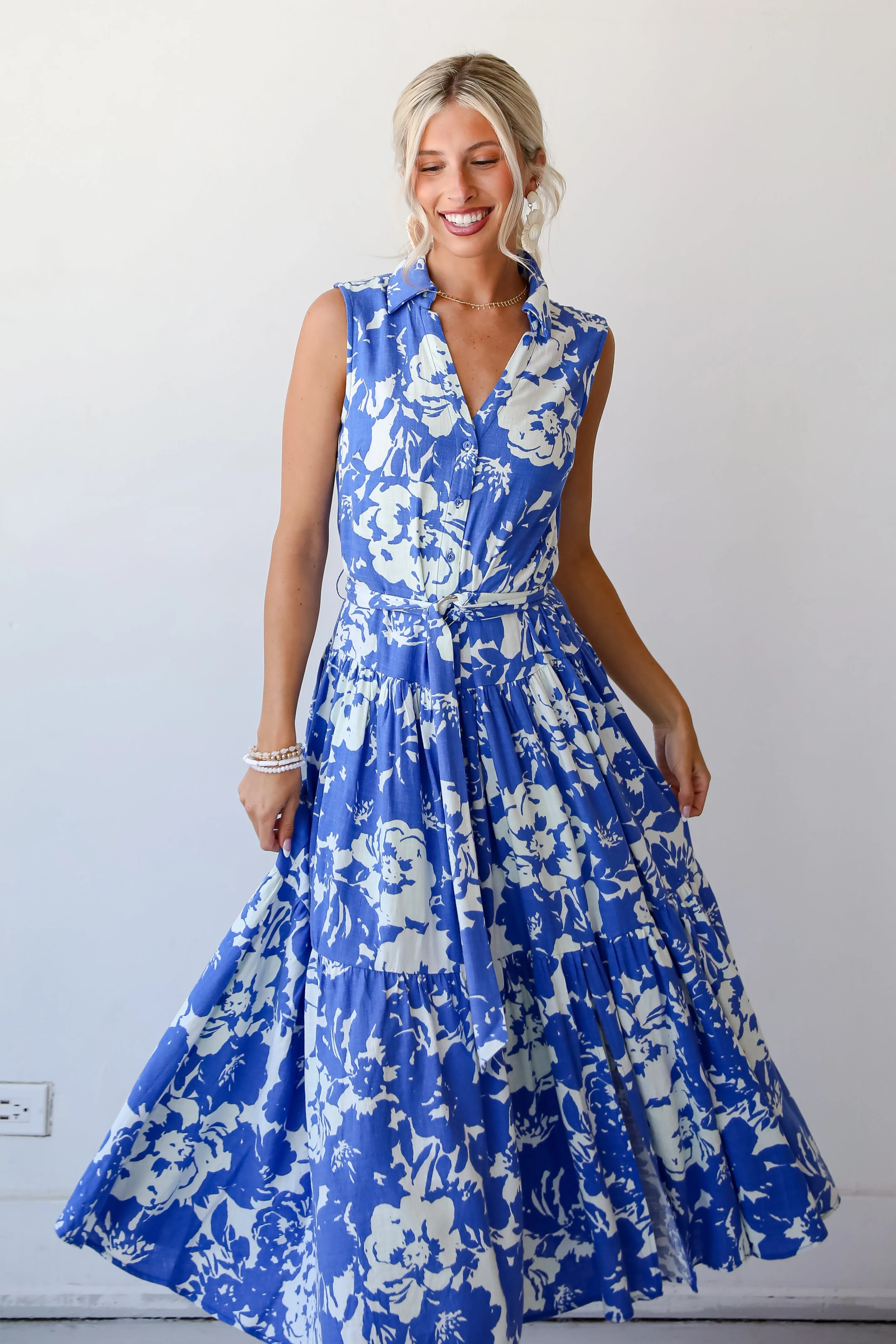 Charming Pose Royal Blue Floral Linen Maxi Dress