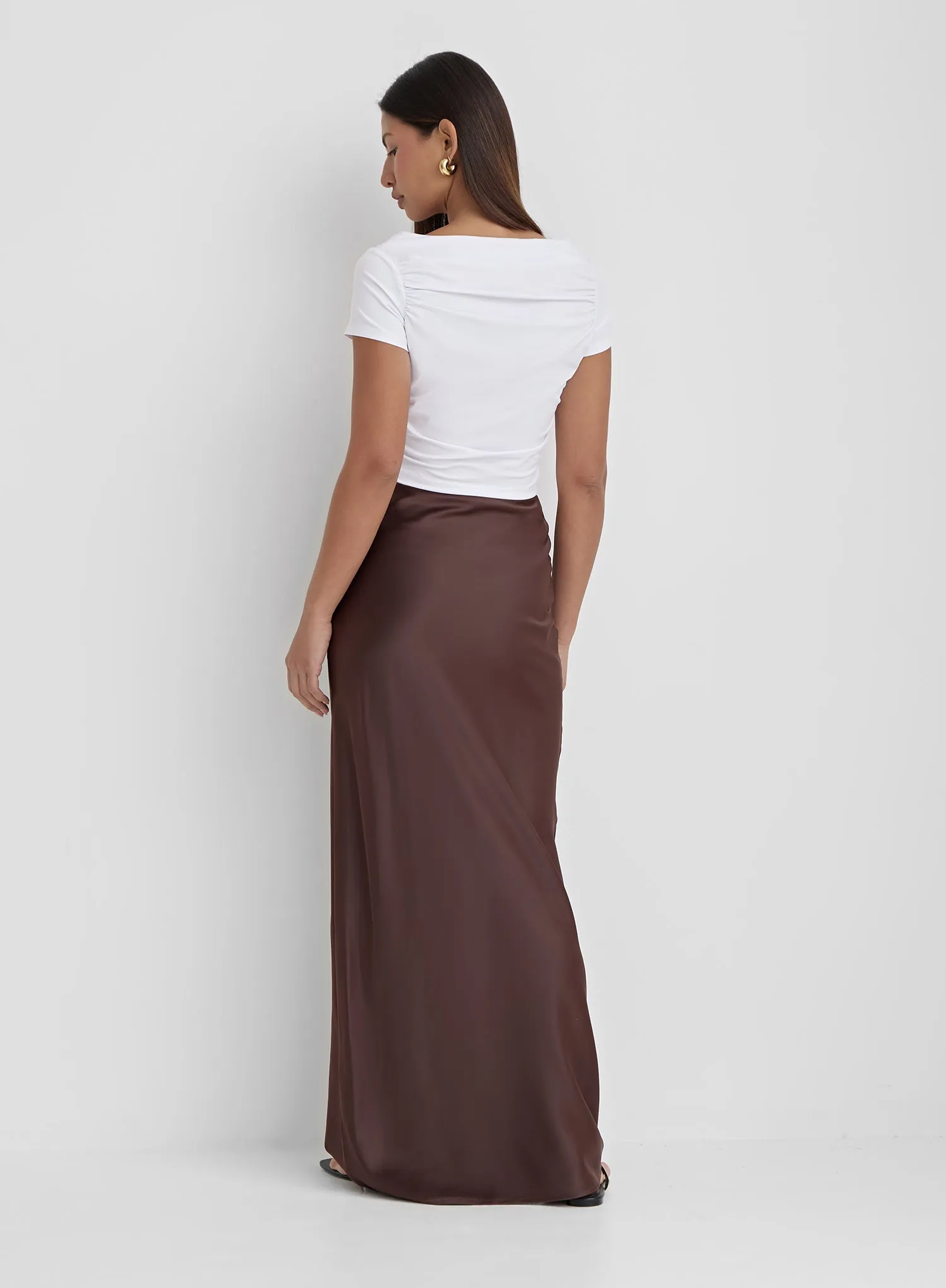 Chocolate Brown Satin Maxi Skirt- Novah