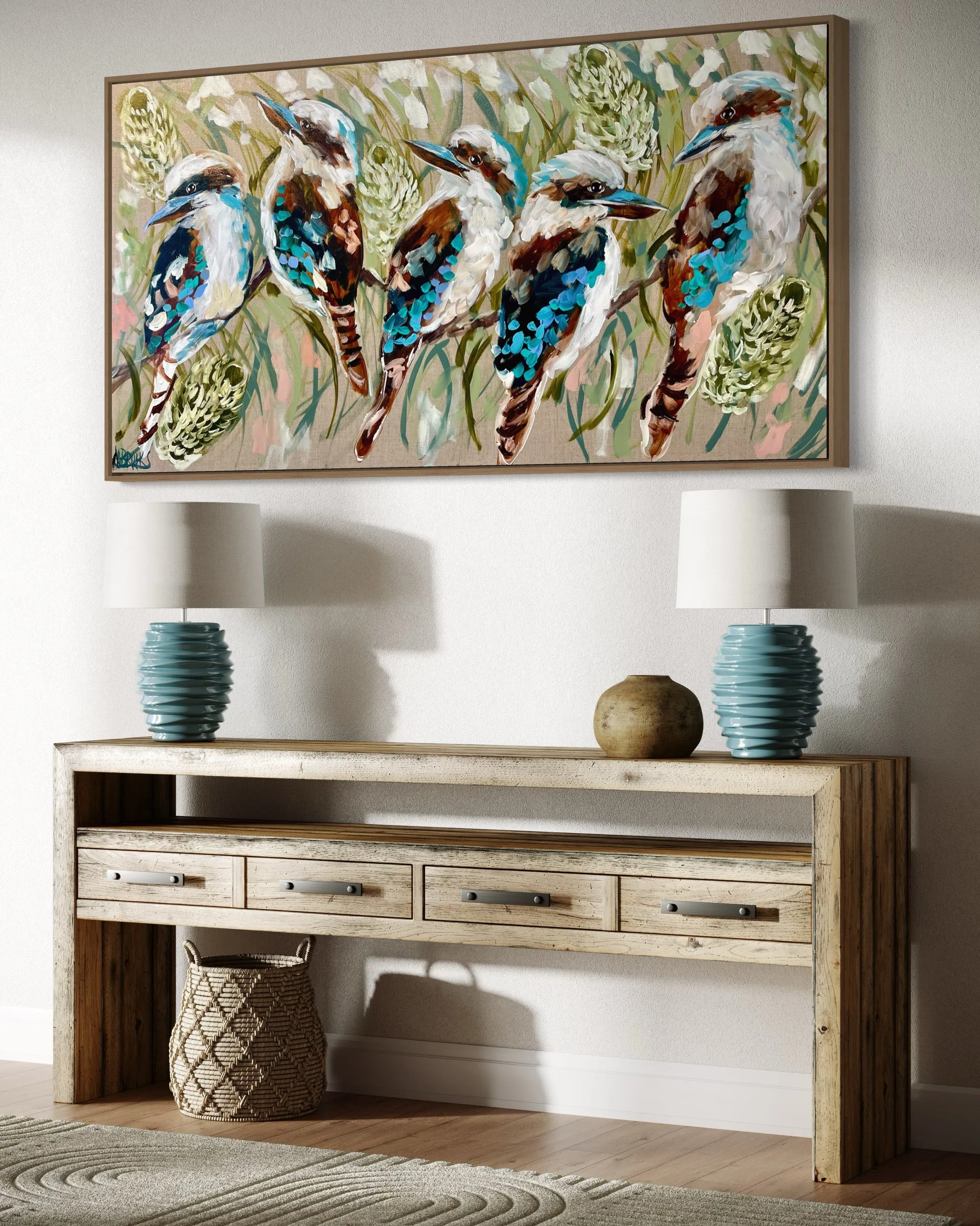 Daily visiting kookaburras - Original on Belgian linen