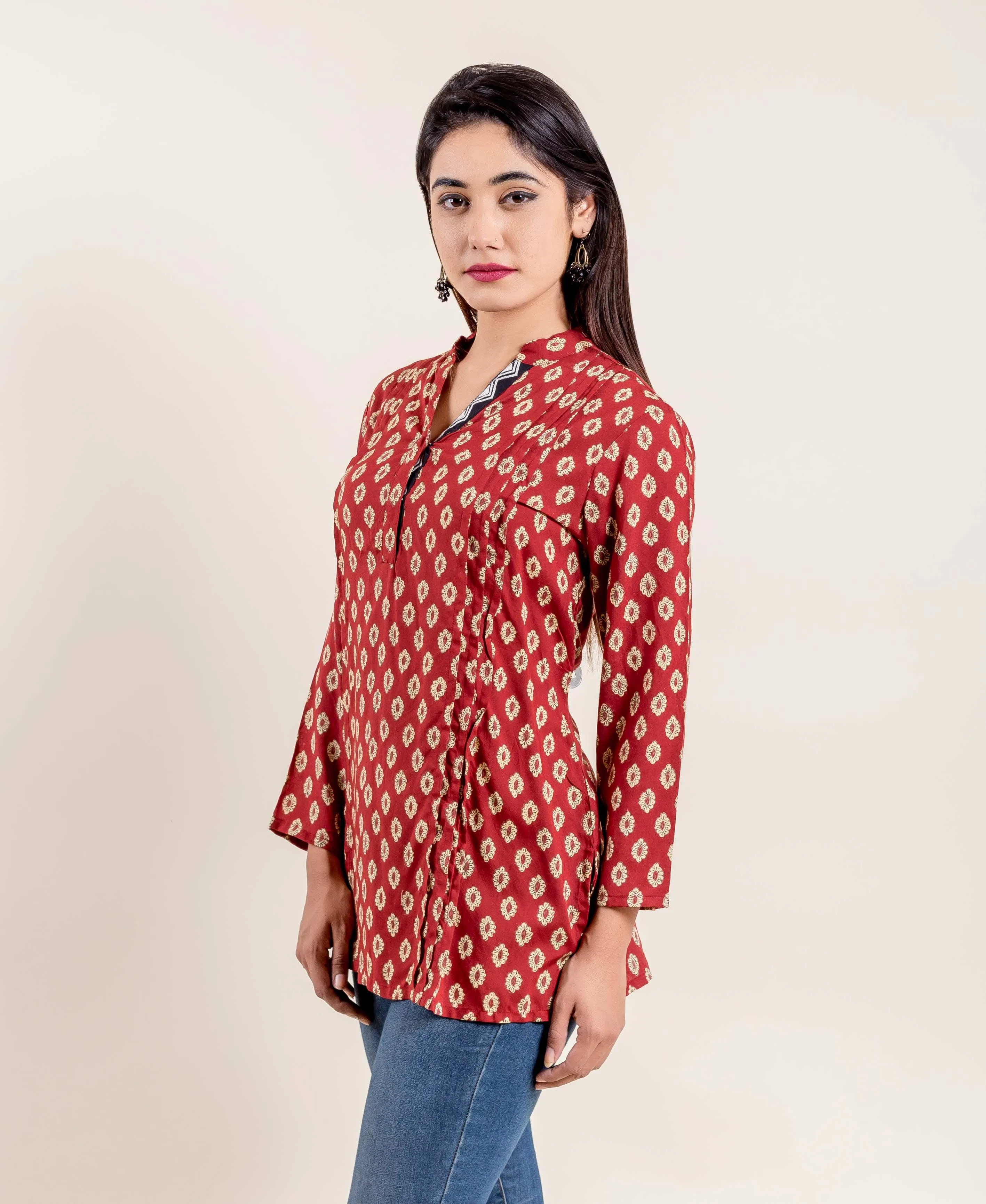 Dark Red Stylized Mandarin Hand Block Printed Short Kurta Top