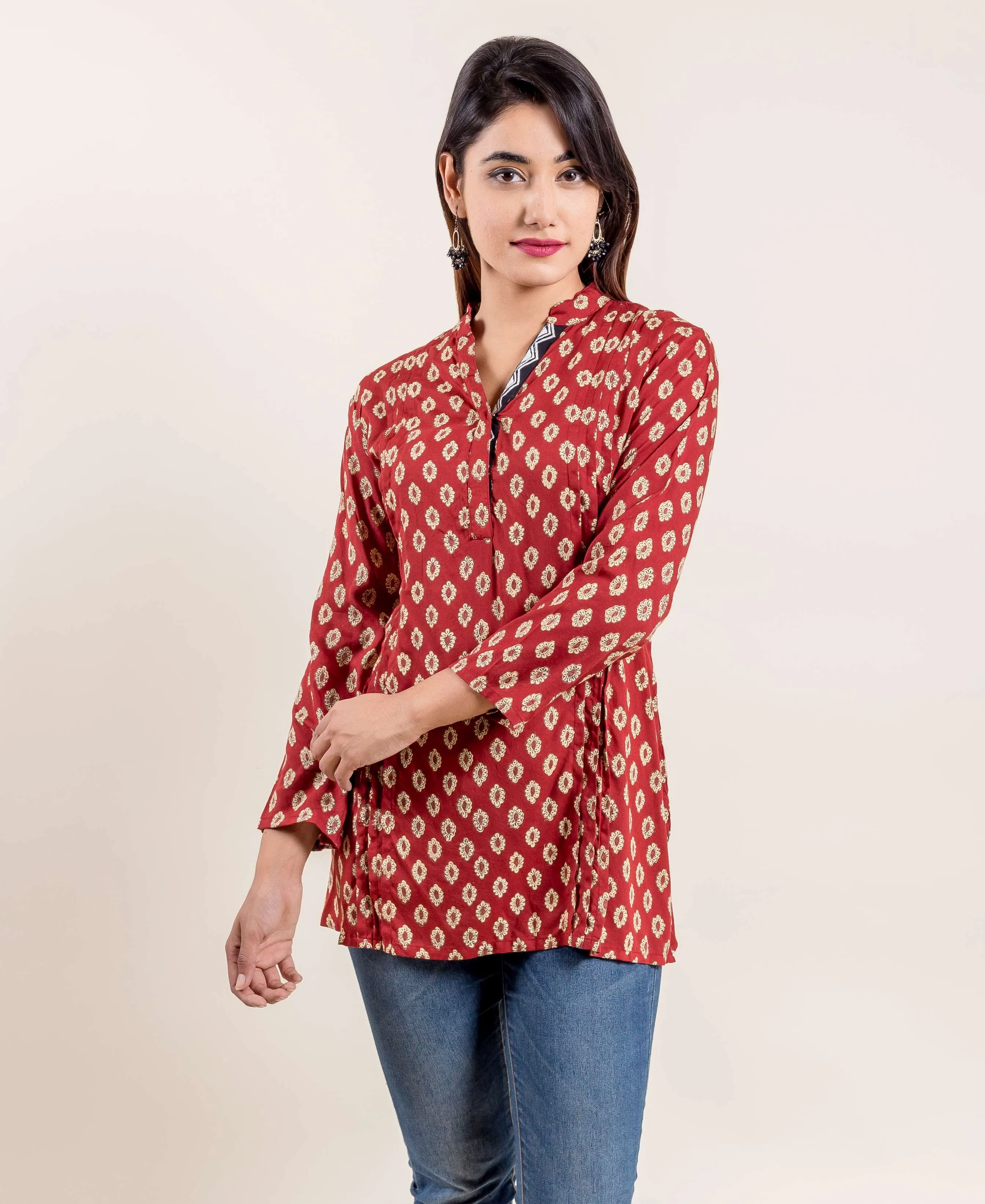 Dark Red Stylized Mandarin Hand Block Printed Short Kurta Top