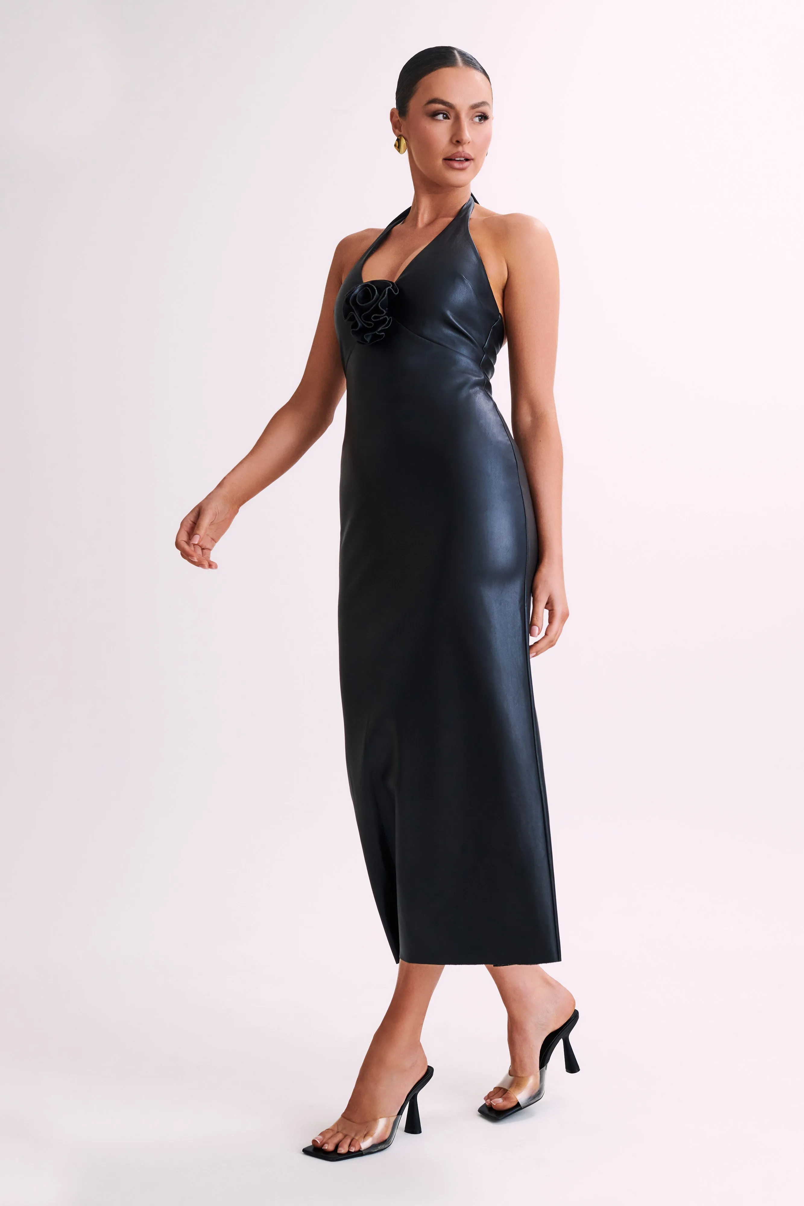 Dori Faux Leather Rose Midi Dress - Black