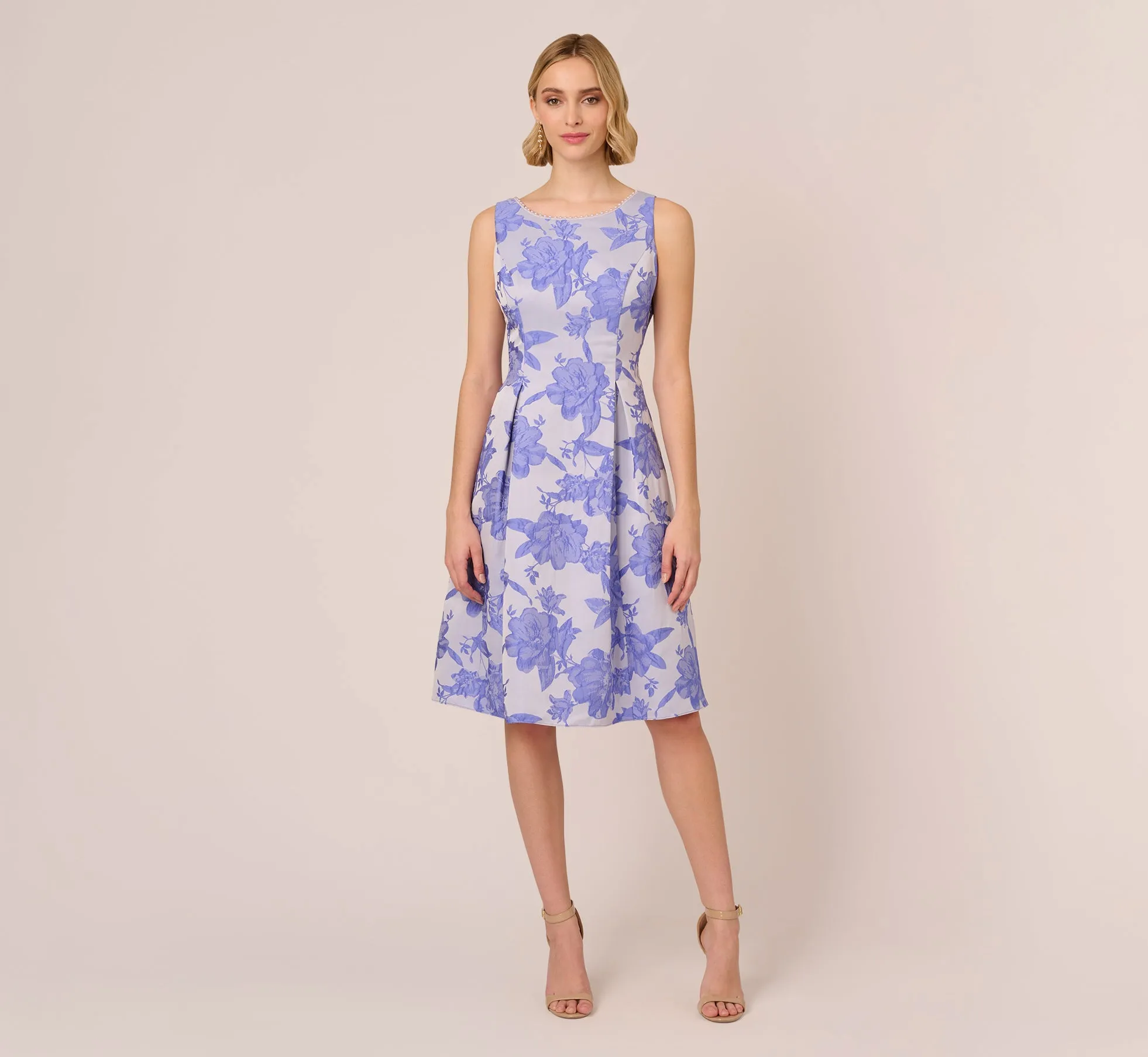 Floral Jacquard Fit And Flare Dress With Midi Skirt In Peri Cruise