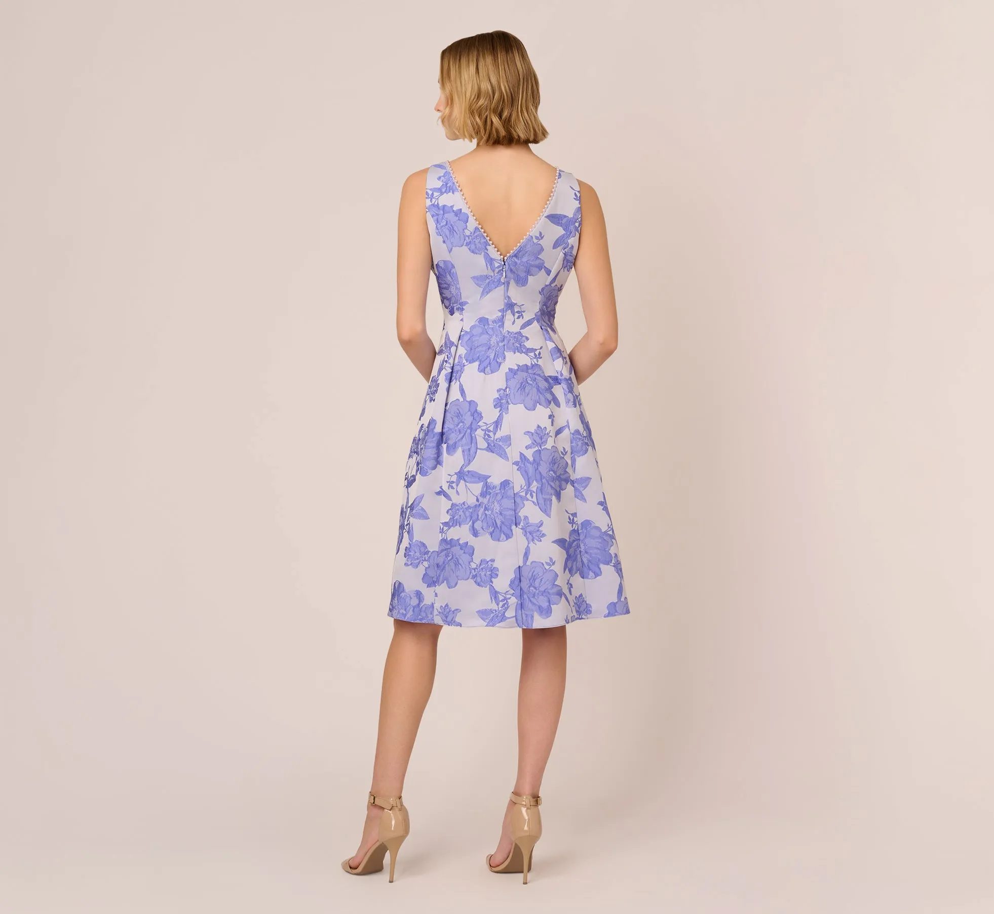 Floral Jacquard Fit And Flare Dress With Midi Skirt In Peri Cruise