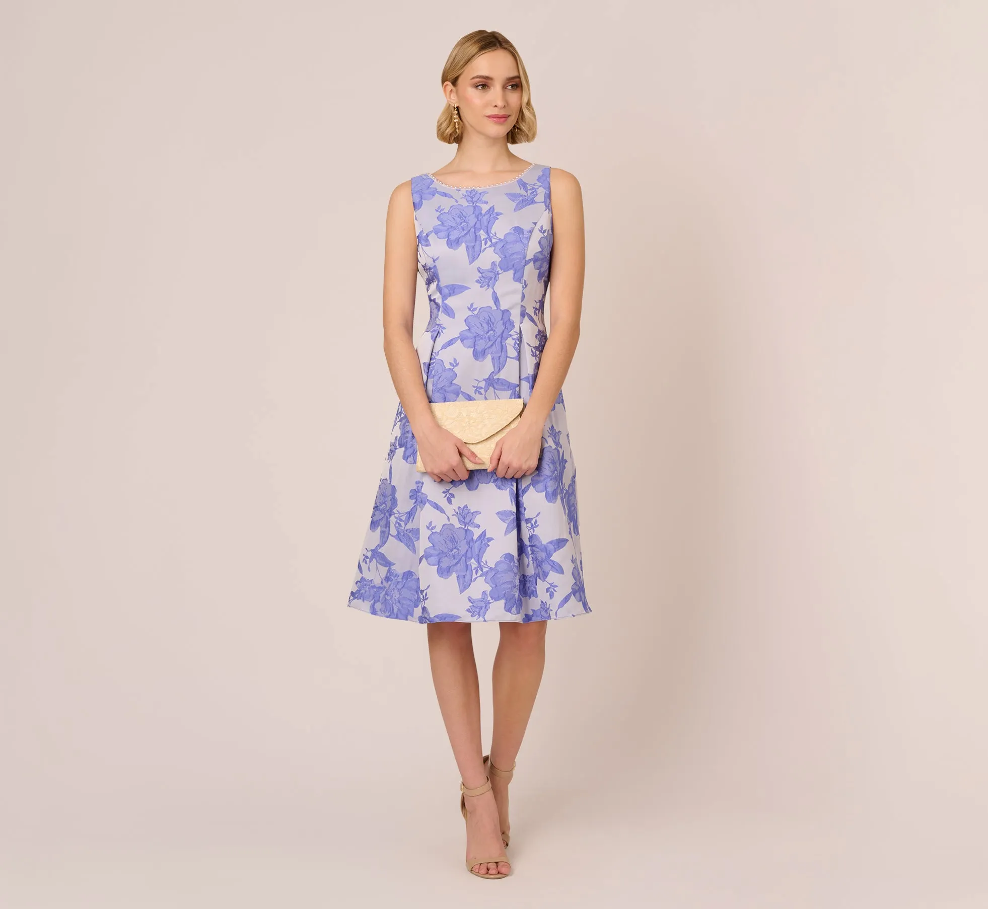 Floral Jacquard Fit And Flare Dress With Midi Skirt In Peri Cruise