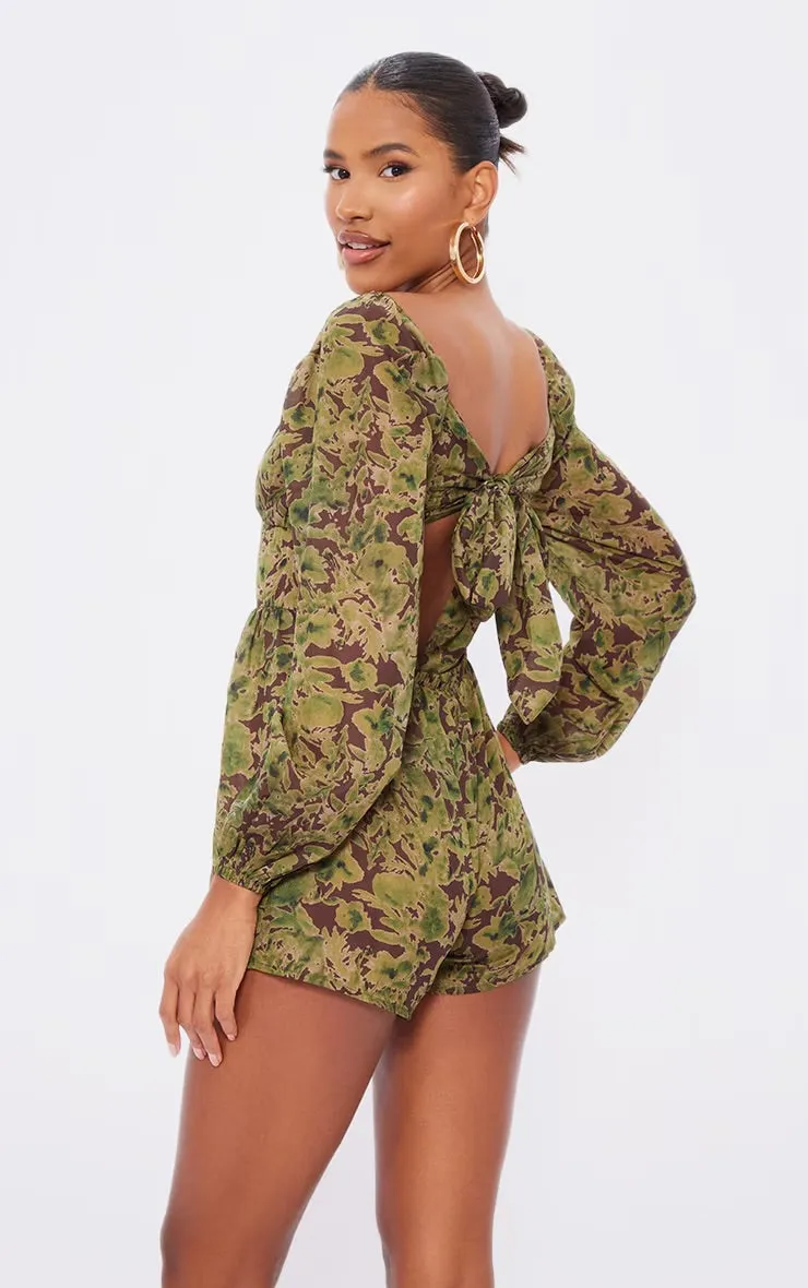 Floral printed tie back cut out playsuit in green