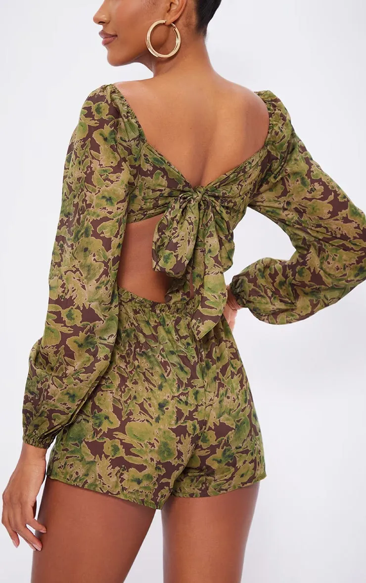 Floral printed tie back cut out playsuit in green