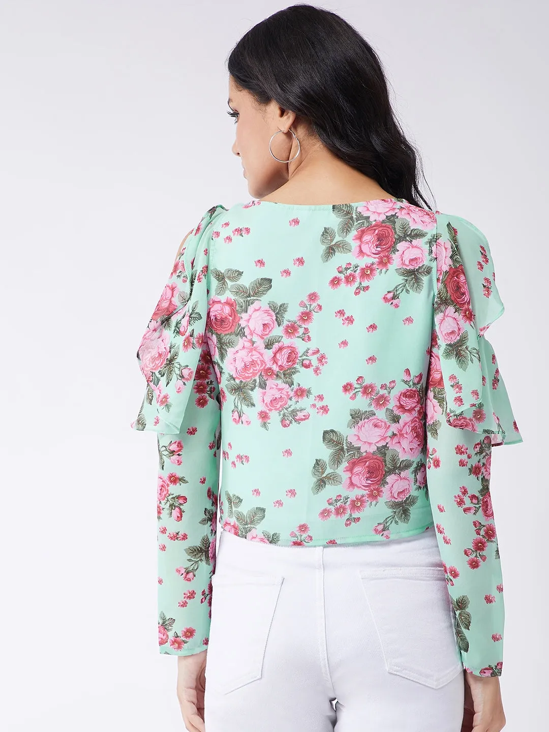 Floral Ruffle Cold-Shoulder Top