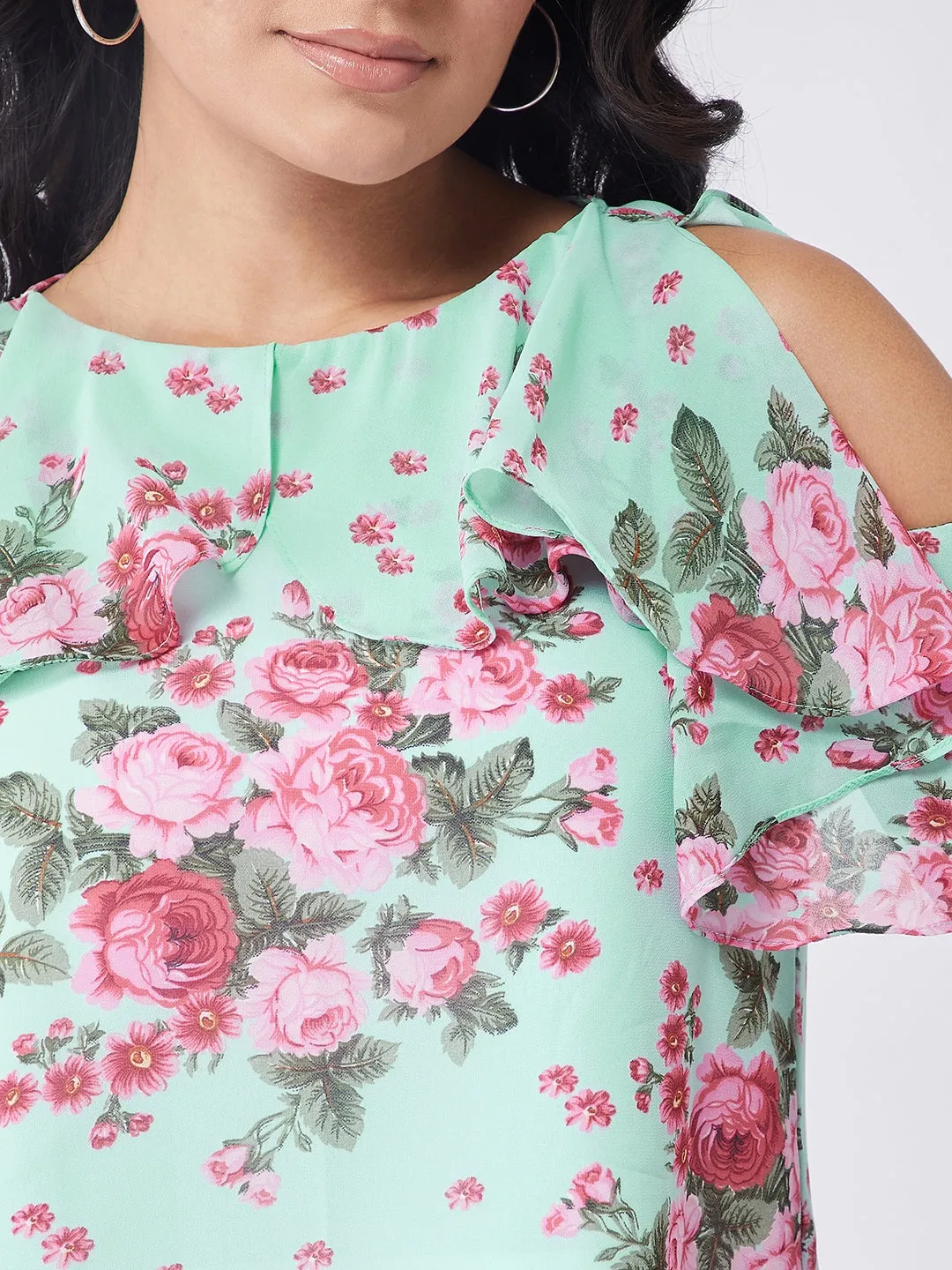 Floral Ruffle Cold-Shoulder Top