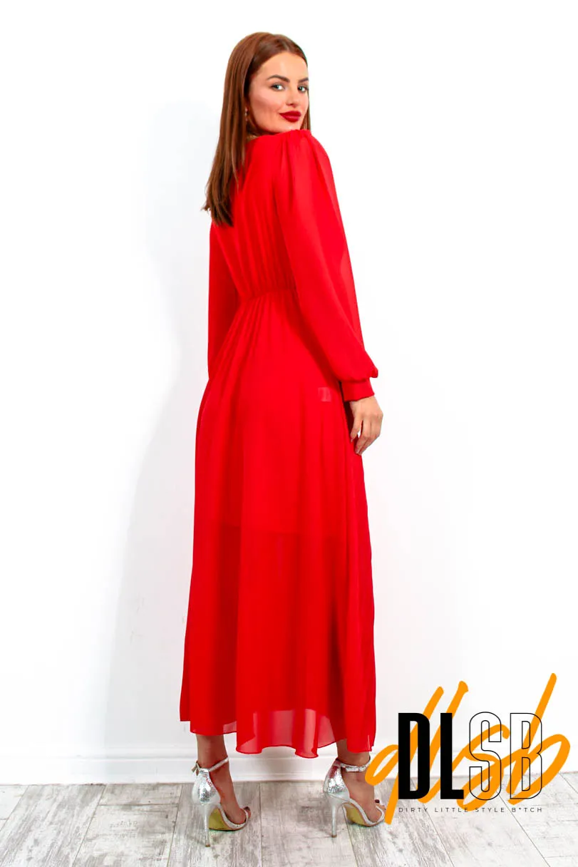 For The Fame - Red Pleated Wrap Midi Dress