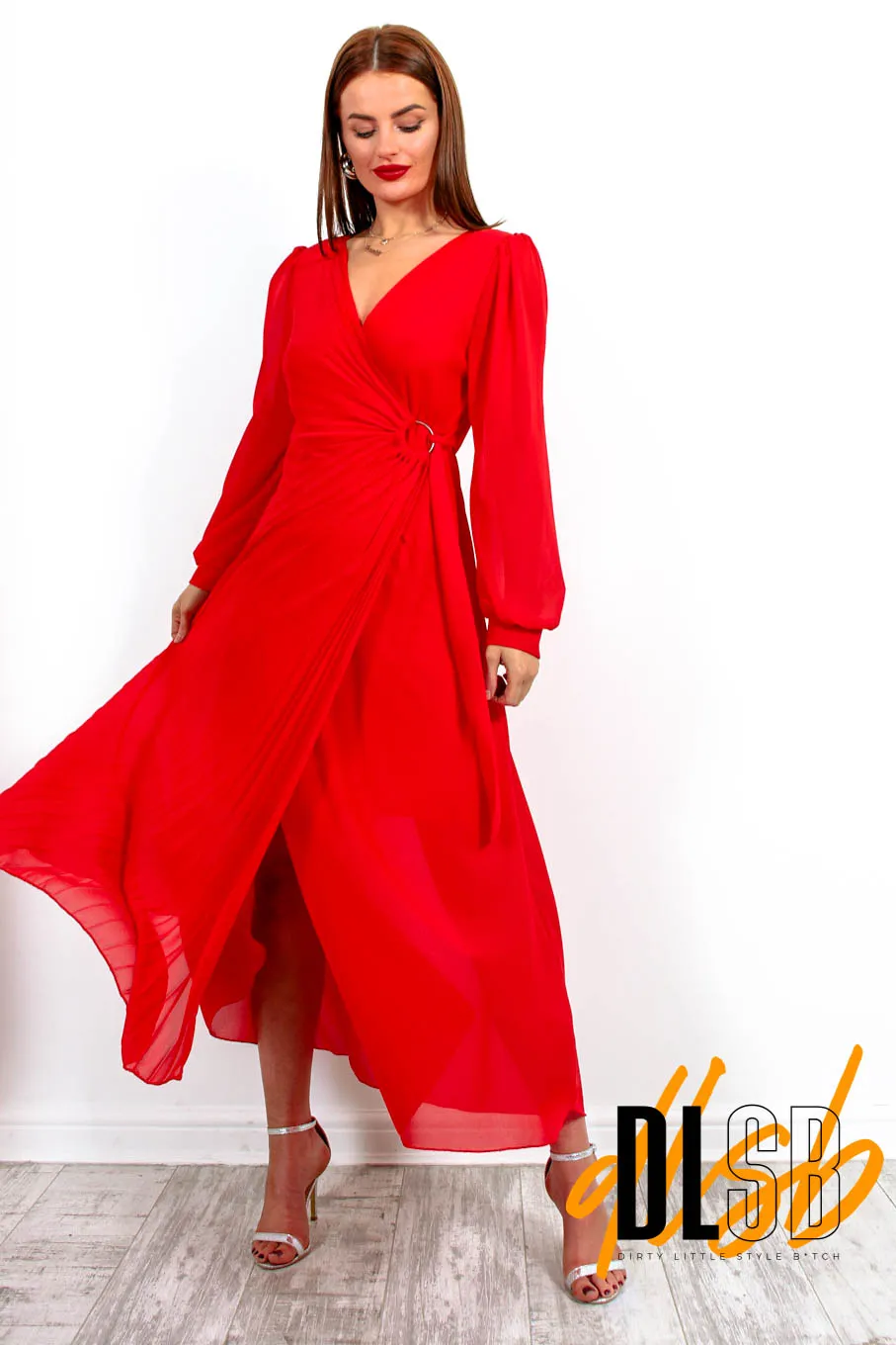 For The Fame - Red Pleated Wrap Midi Dress