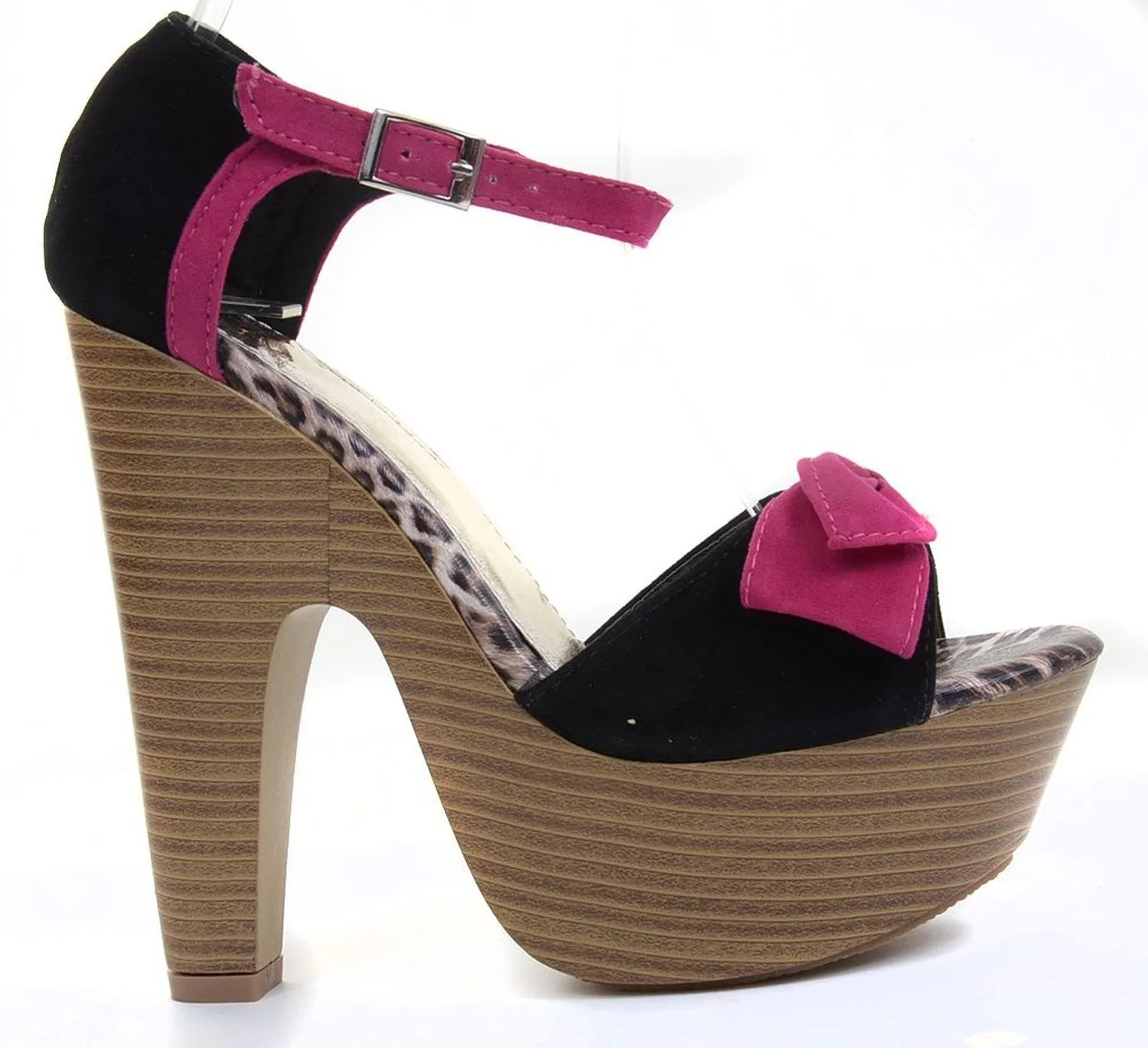 Fuchsia Faux Suede Bow Ankle Buckle Wooden Platform Chunky Heels