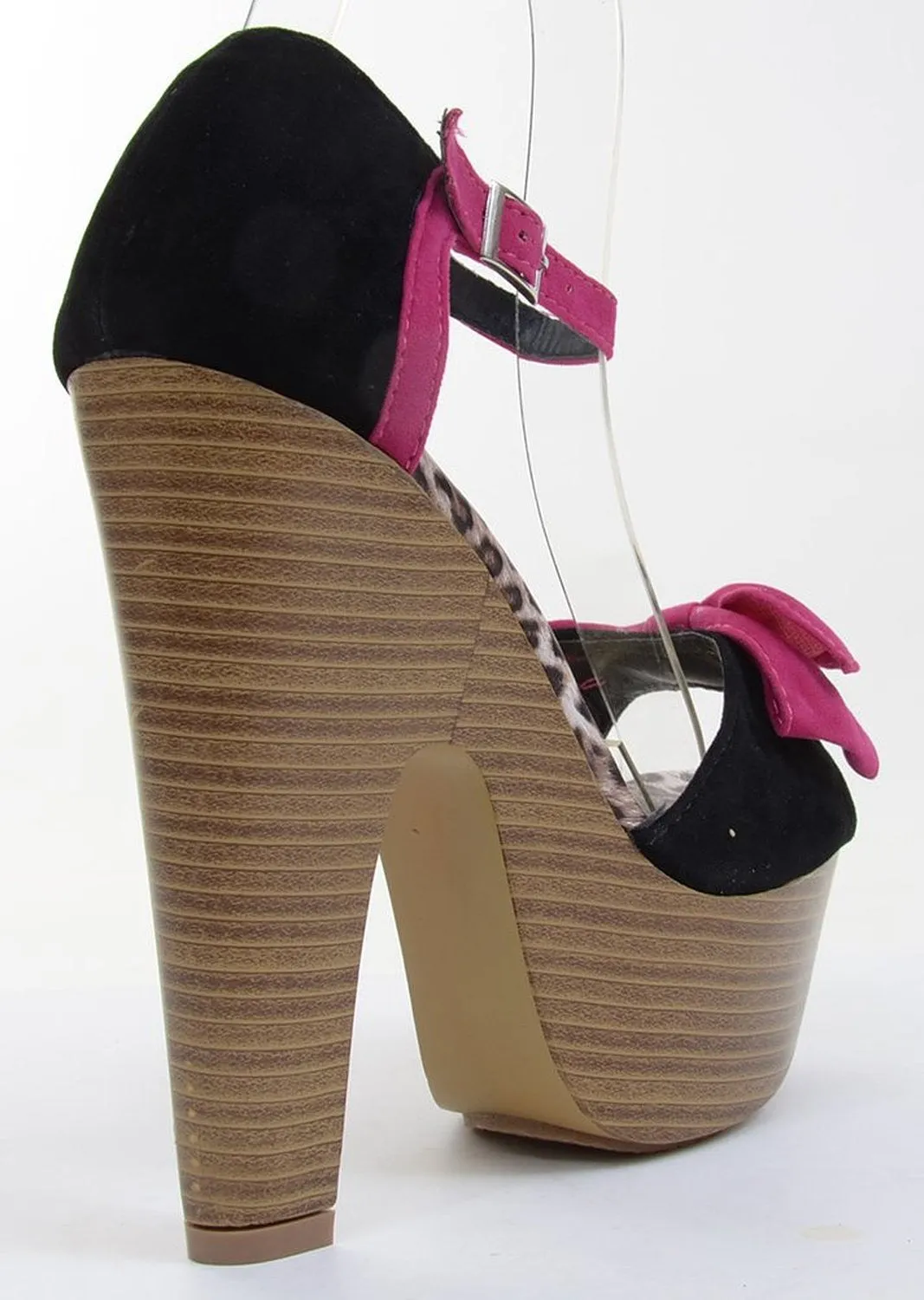 Fuchsia Faux Suede Bow Ankle Buckle Wooden Platform Chunky Heels