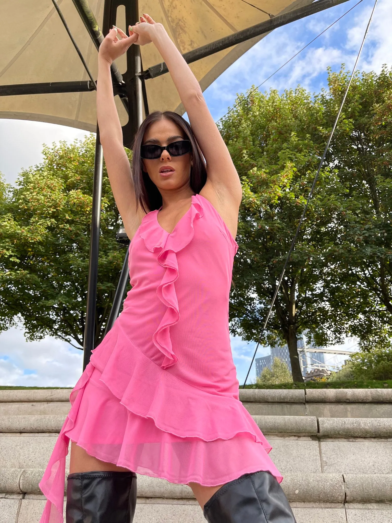 Fuchsia Ruffle Halterneck Mini-dress