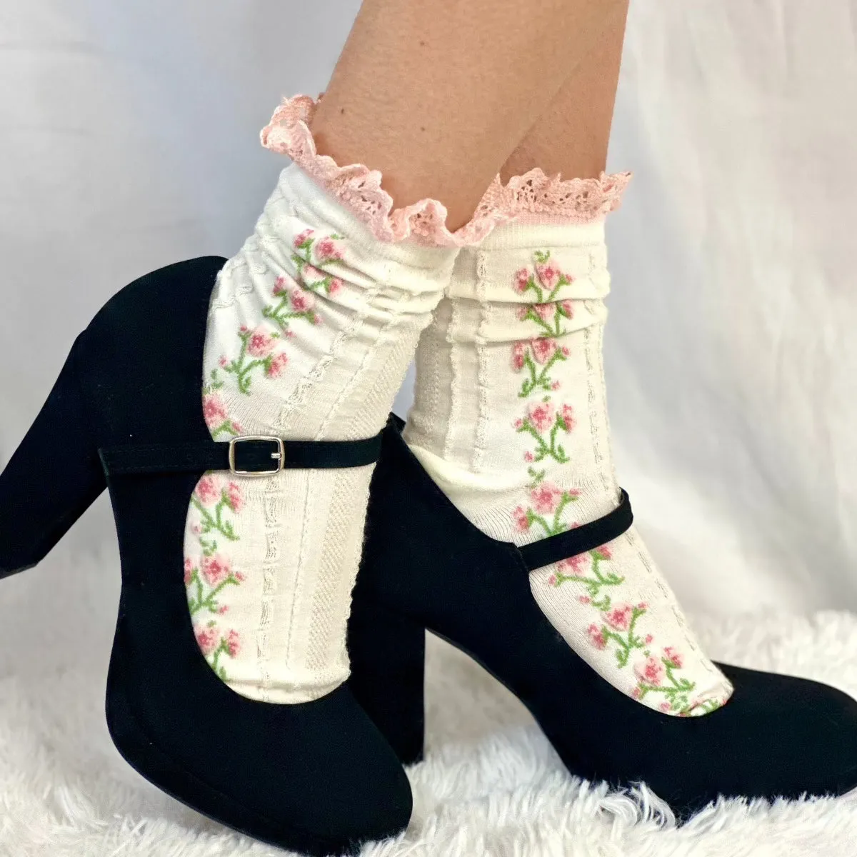 GARDEN PARTY floral lace ankle sock - pink