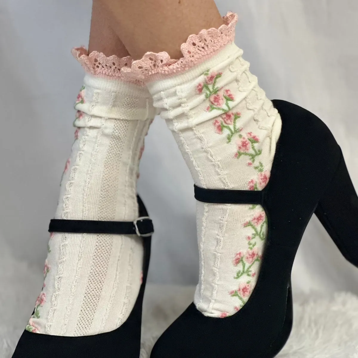 GARDEN PARTY floral lace ankle sock - pink