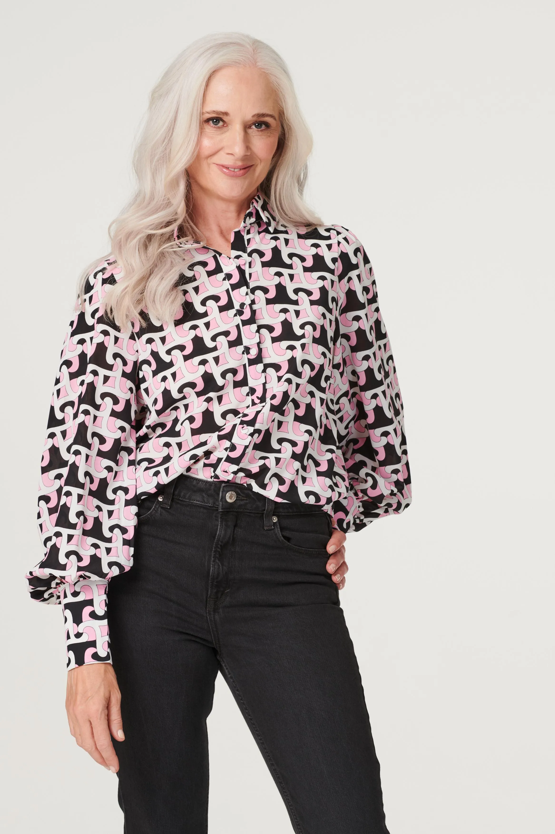 Geo Print Puff Sleeve Shirt