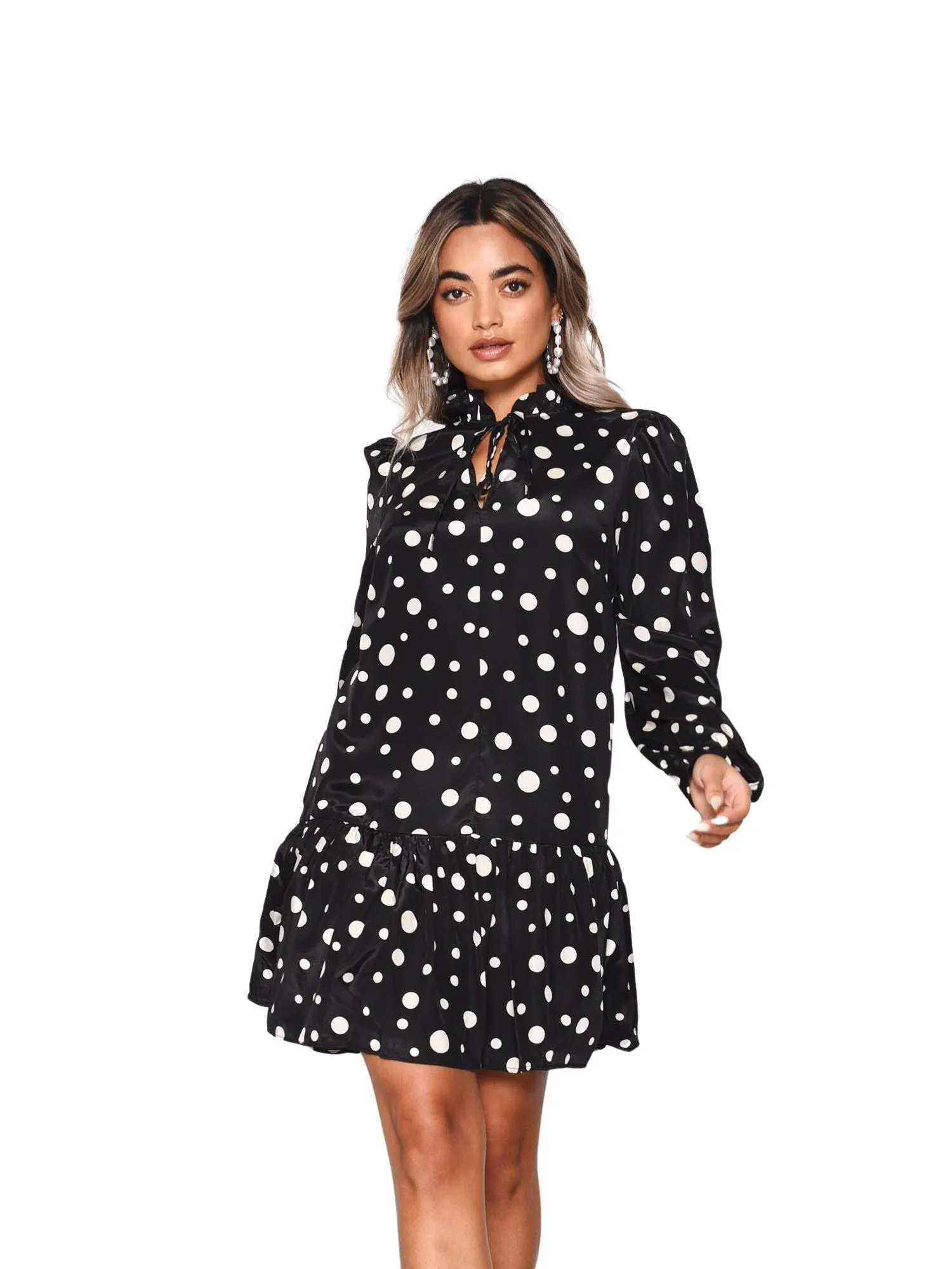 Glamorous Black Cream Spot Tie Neck Shift Mini Dress