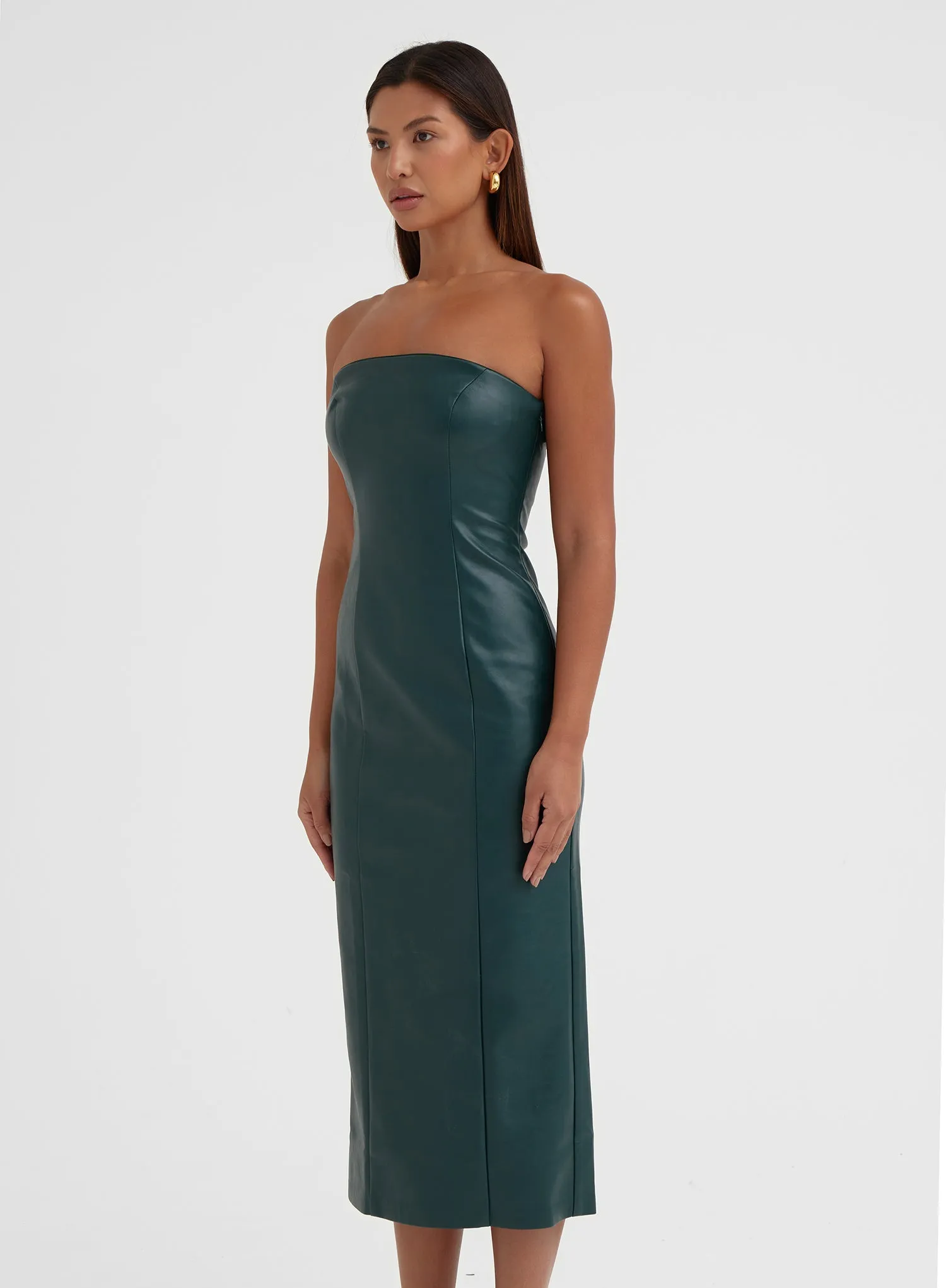 Elegant Green Faux Leather Bandeau Midi Dress for Women - Karina Collection