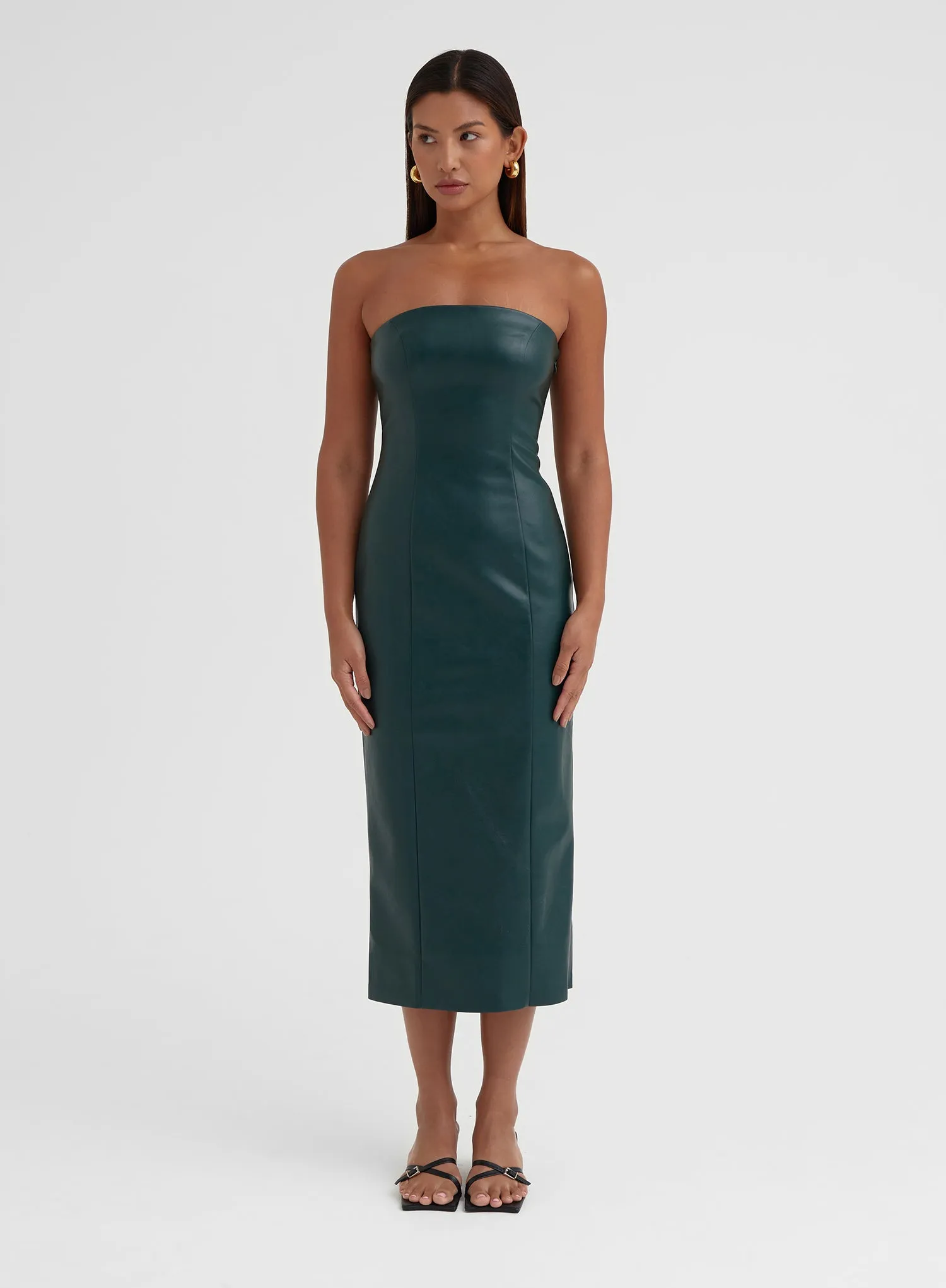 Elegant Green Faux Leather Bandeau Midi Dress for Women - Karina Collection