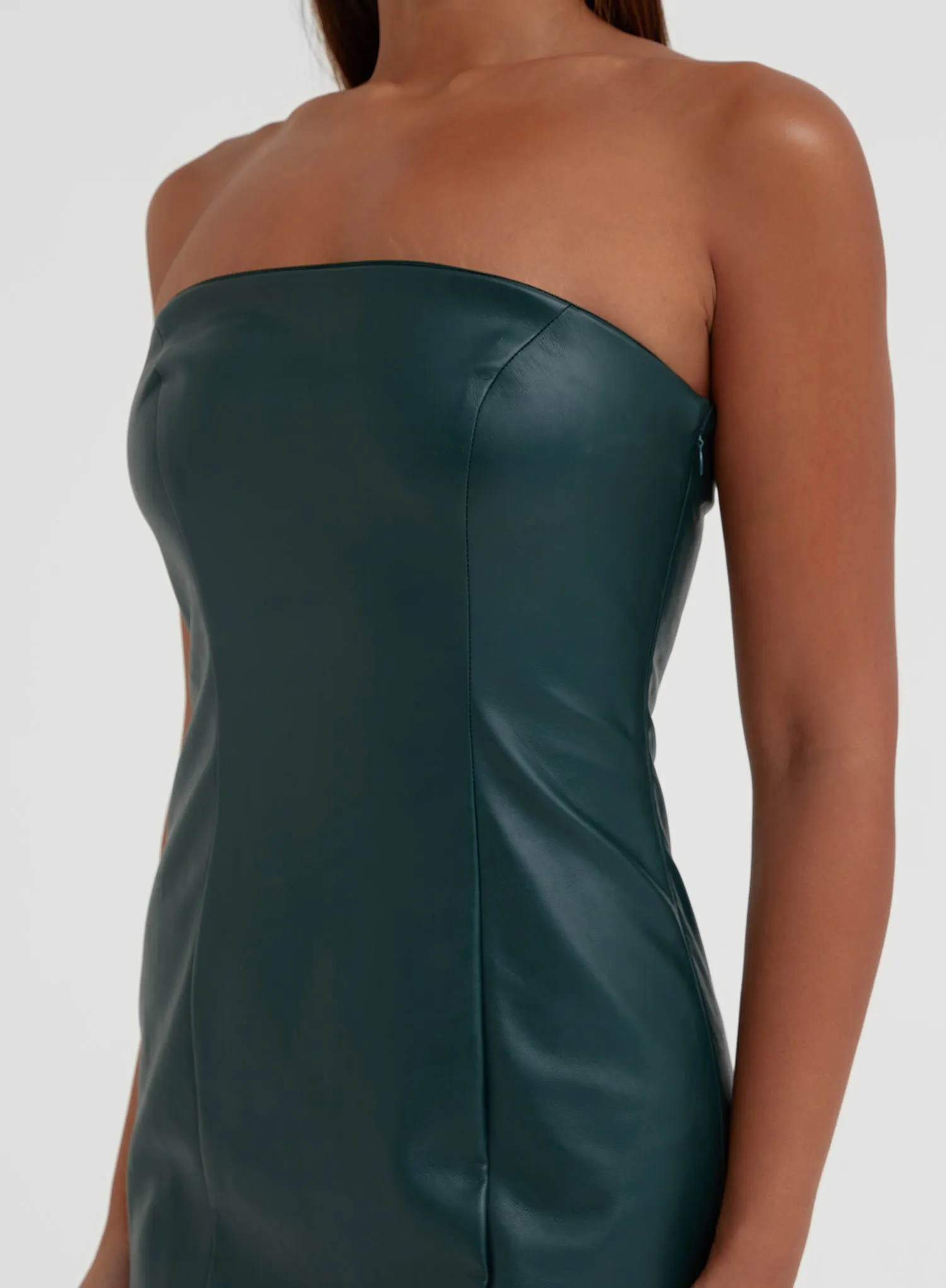 Elegant Green Faux Leather Bandeau Midi Dress for Women - Karina Collection