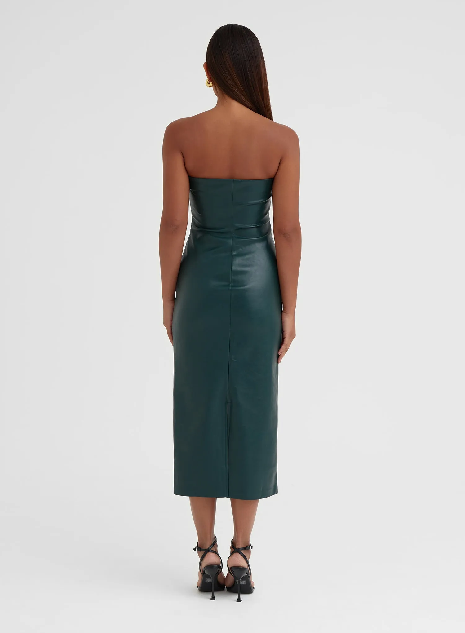 Elegant Green Faux Leather Bandeau Midi Dress for Women - Karina Collection