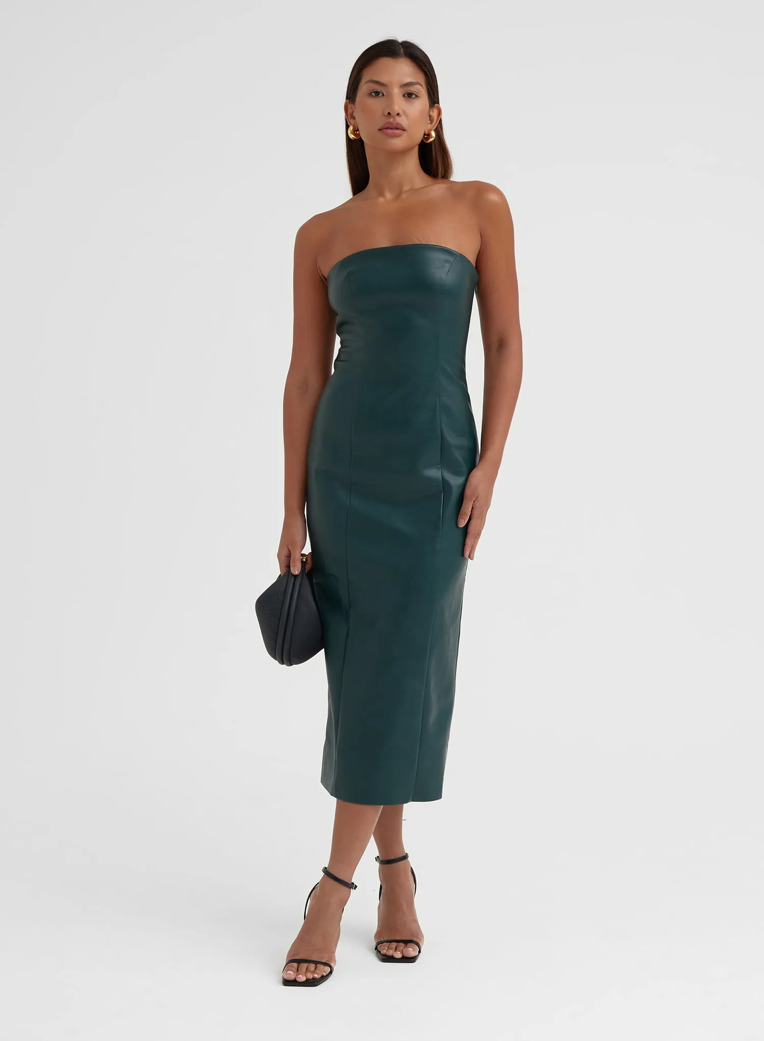 Elegant Green Faux Leather Bandeau Midi Dress for Women - Karina Collection