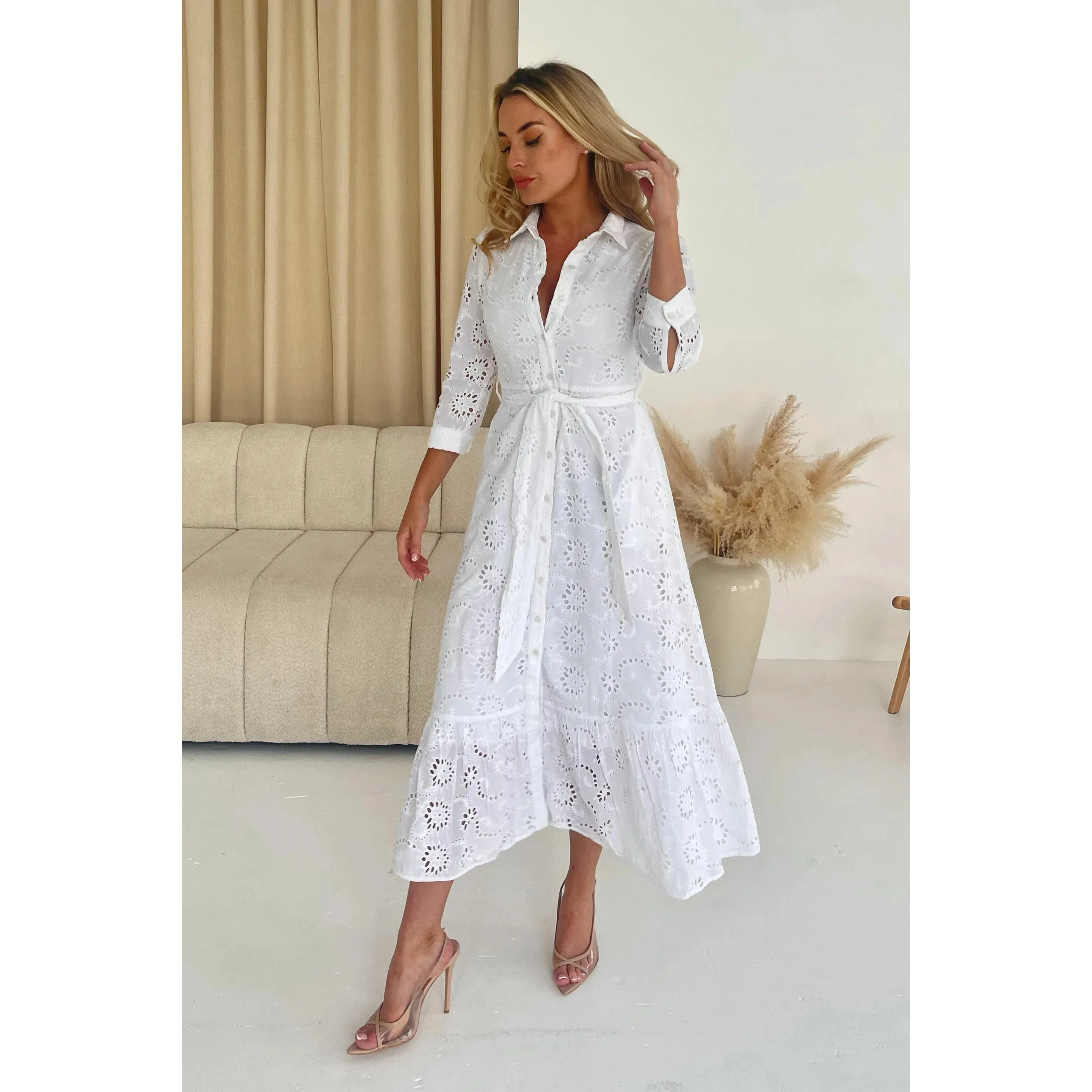 Ivory Broderie Anglaise Long Shirt Dress With Pockets