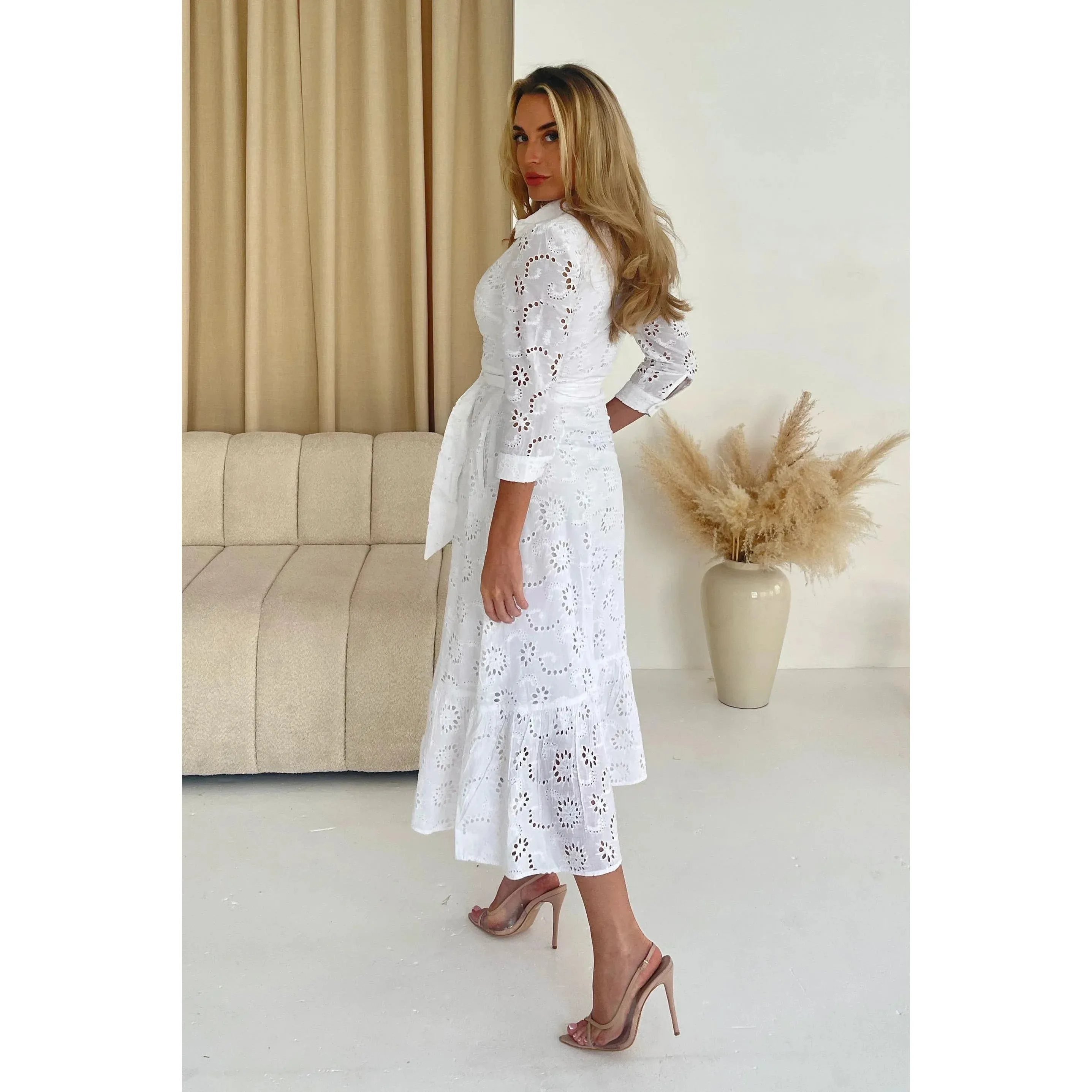 Ivory Broderie Anglaise Long Shirt Dress With Pockets