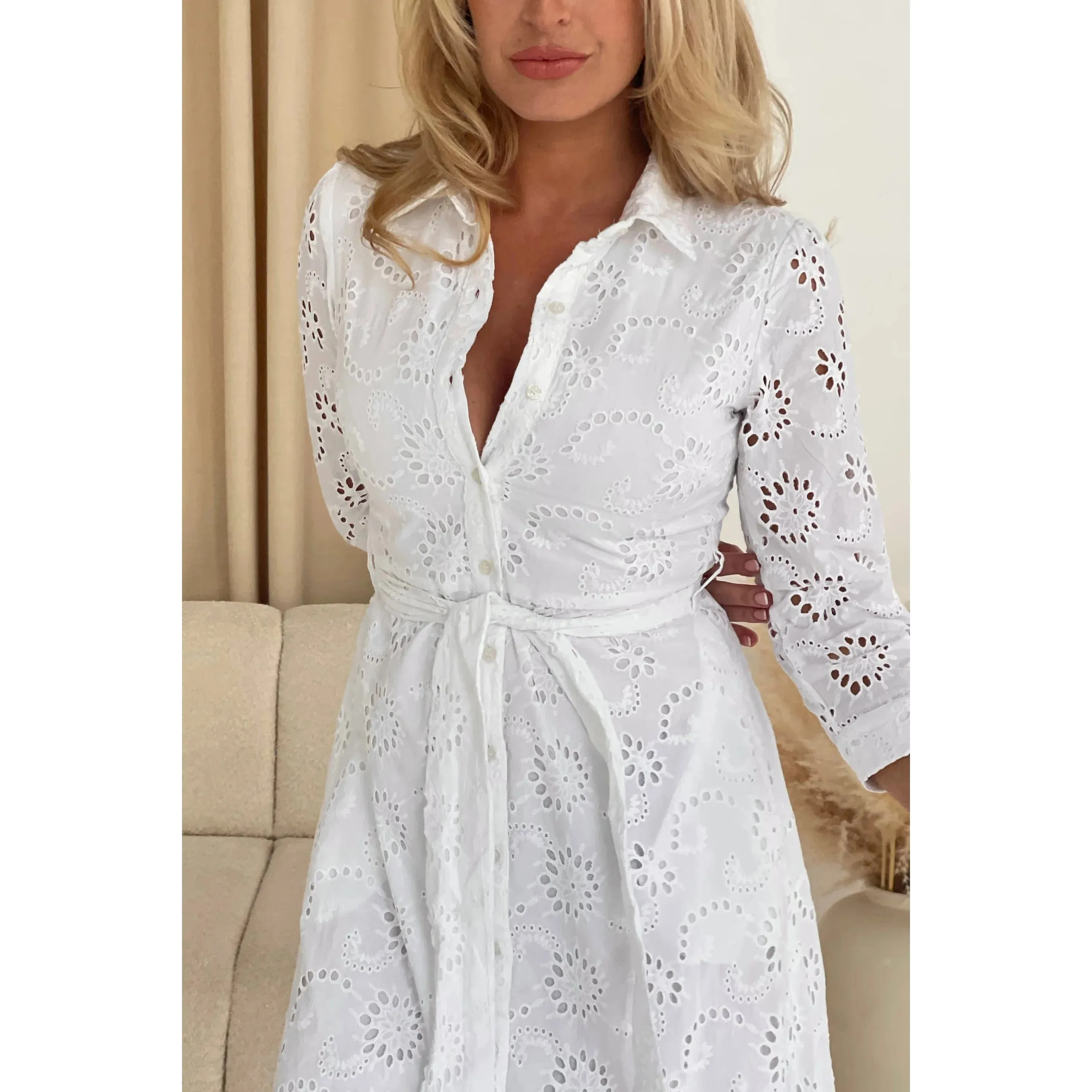 Ivory Broderie Anglaise Long Shirt Dress With Pockets