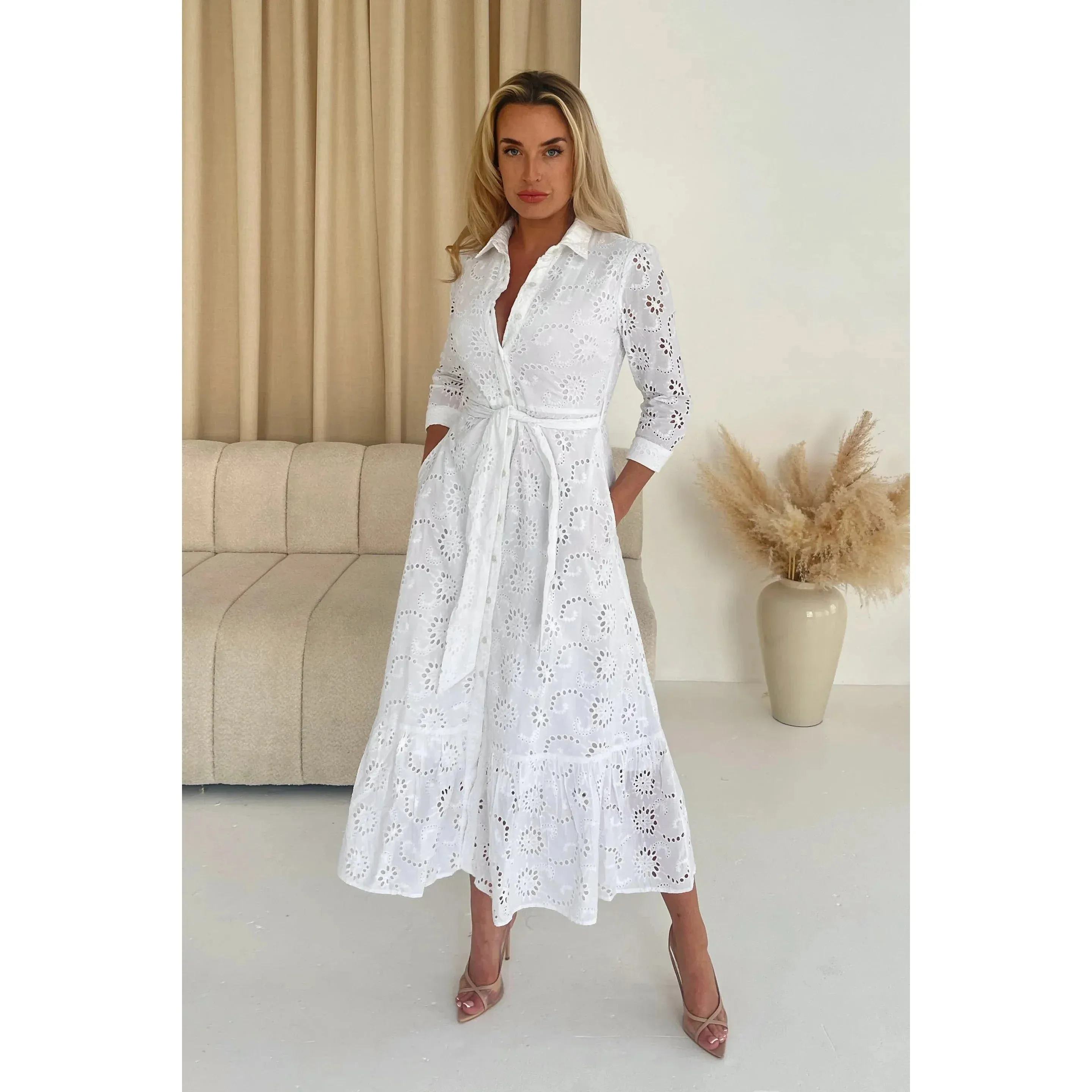 Ivory Broderie Anglaise Long Shirt Dress With Pockets