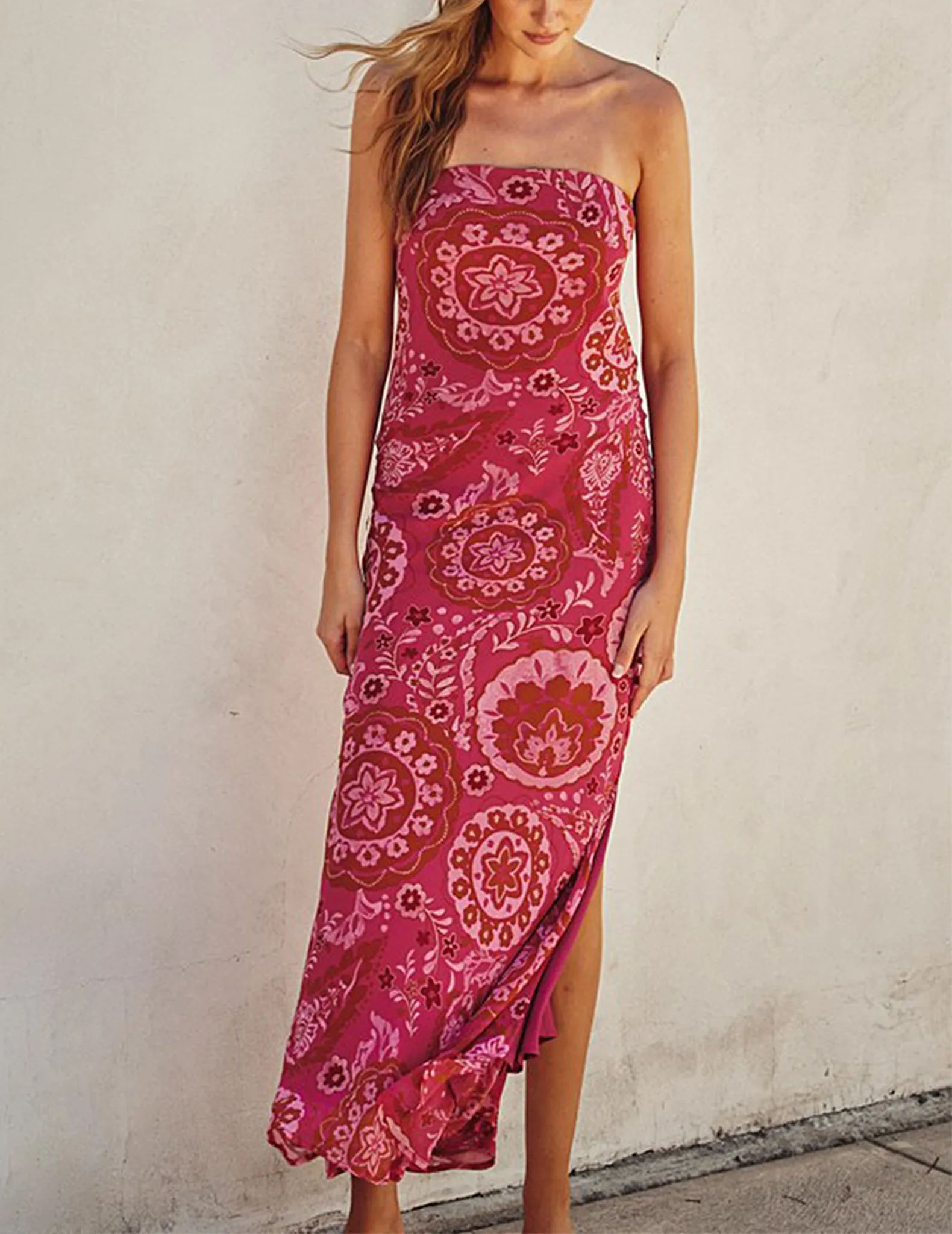 Kamila Strapless Fuchsia Paisley Dress