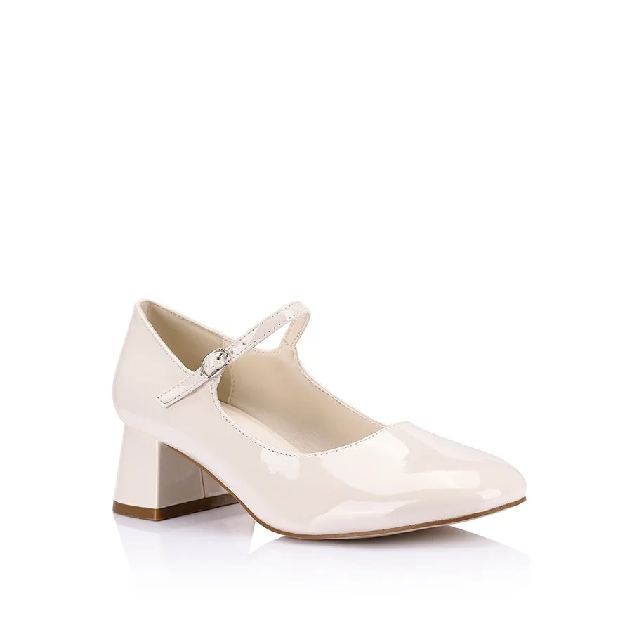 Kenna Mary Jane Block Heels - Bone White Patent