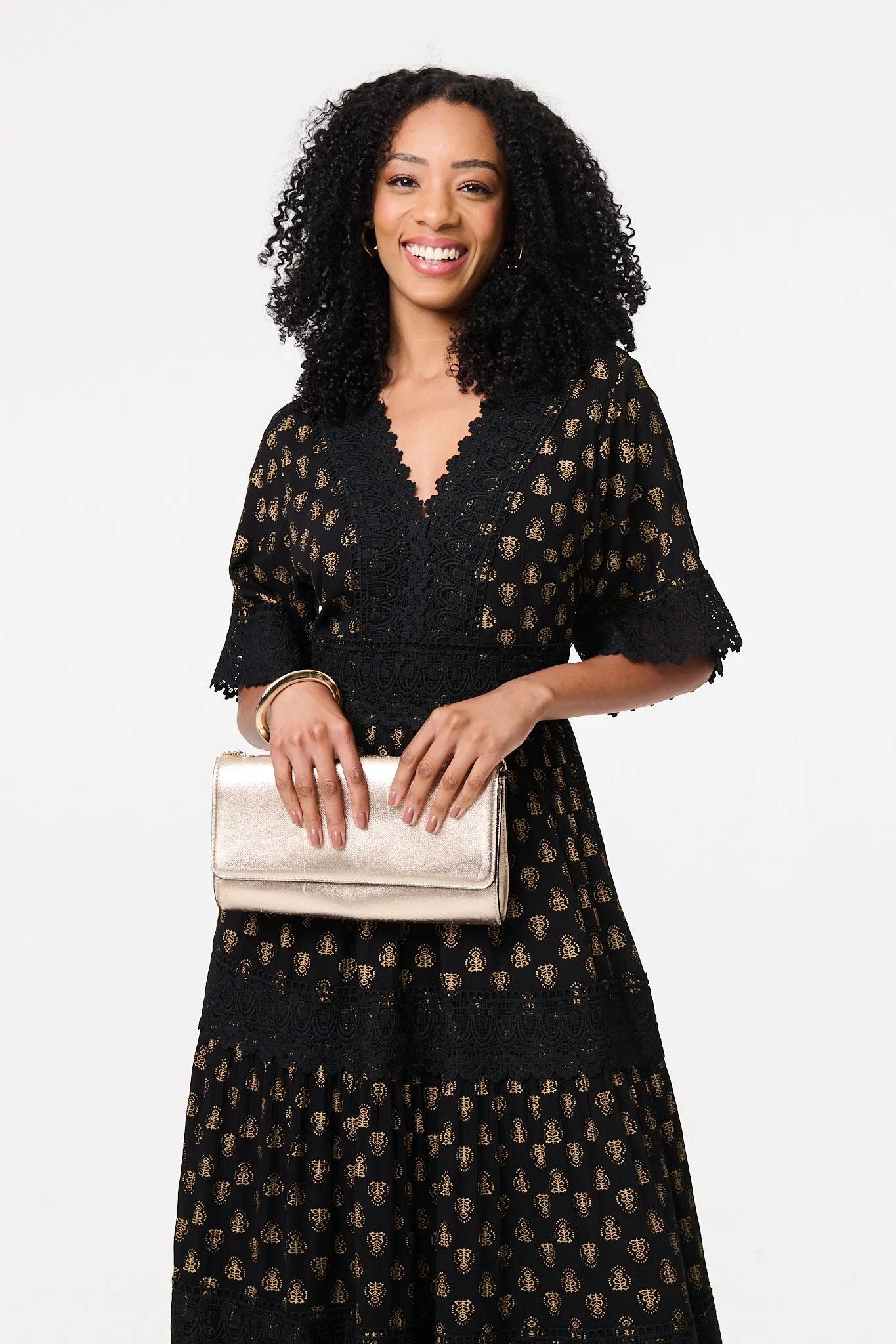 Lace Semi Sheer Flare 3/4 Sleeve Maxi Dress