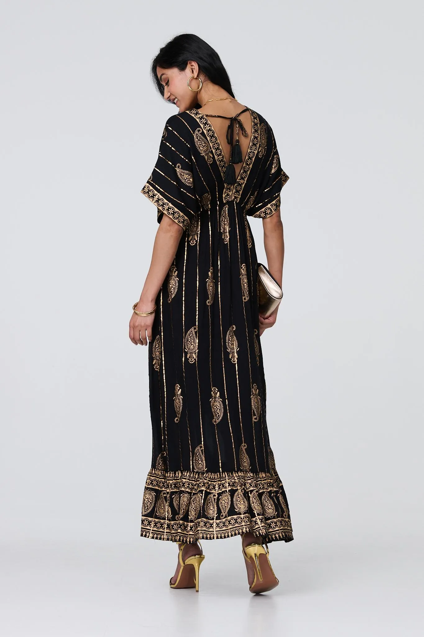 Metallic Print V-Neck Kimono Maxi Dress