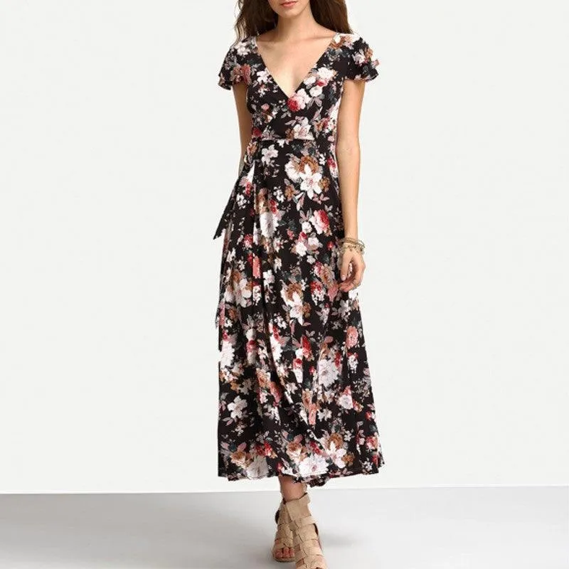 MIDNIGHT FLOWERS WRAP MAXI DRESS