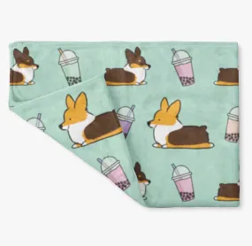 Mint Bubble Tea Tricolor Corgi Fleece Blanket | 3 Sizes