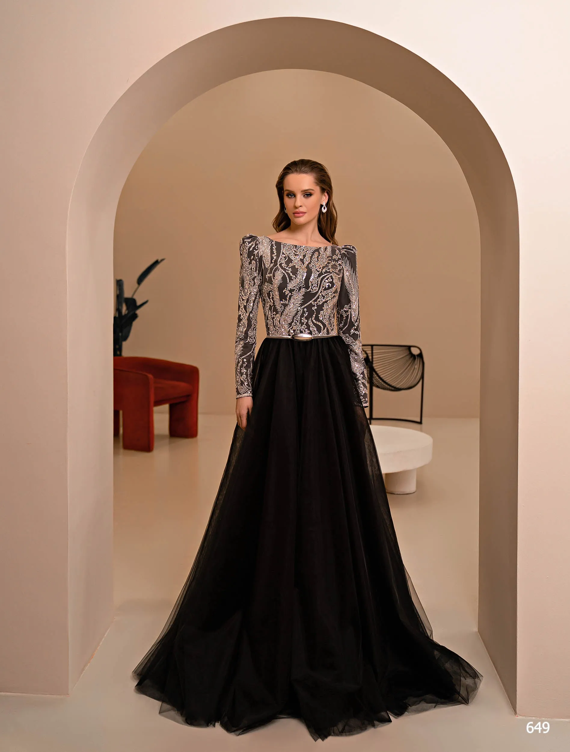 Non-Sheer Metallic Lace Evening Gown with Sleeves