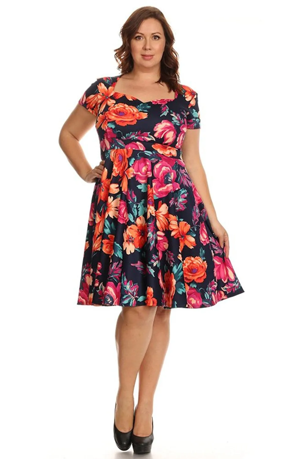 Plus Size Colorful Floral Elegant Fit & Flare Dress U.S.A