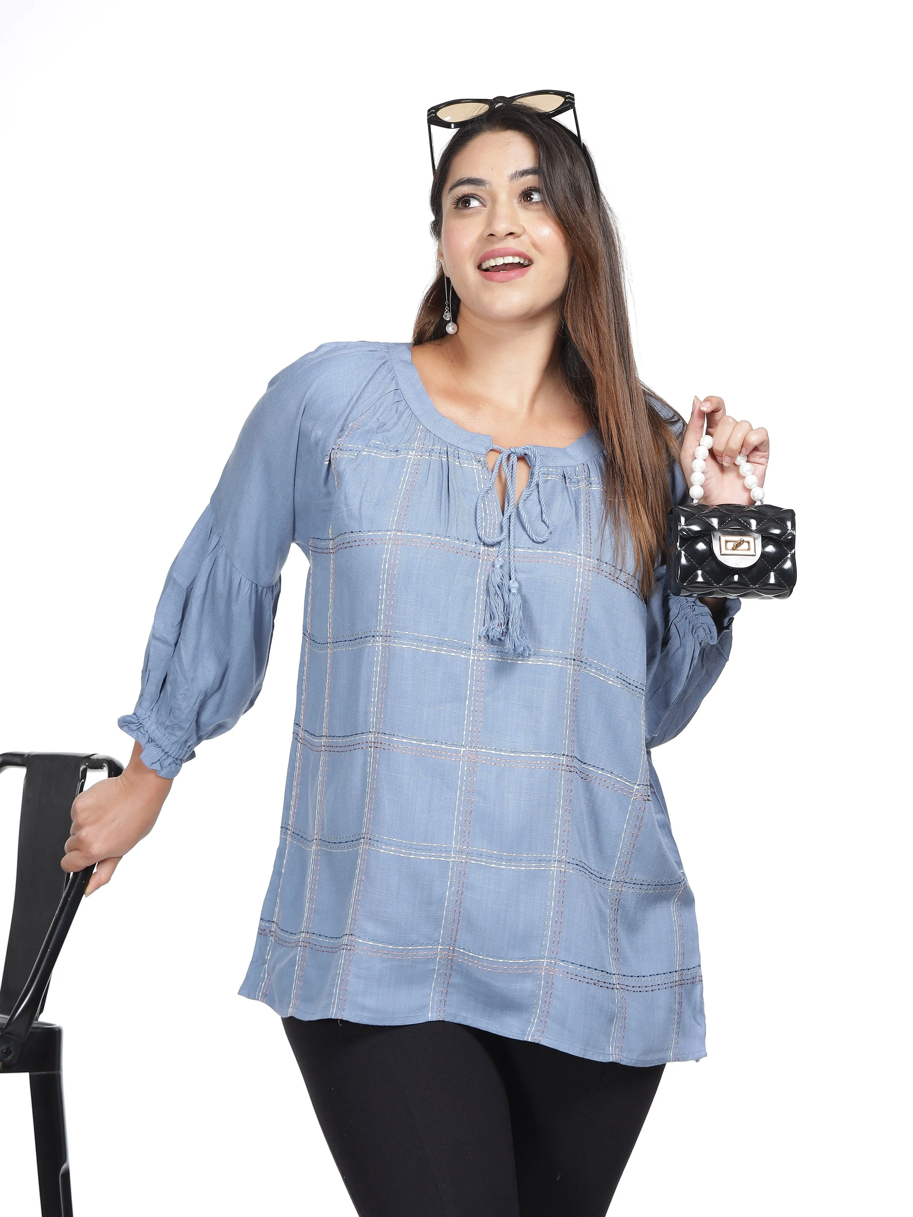 Rayon Top Adjustable Lace Neck Blue