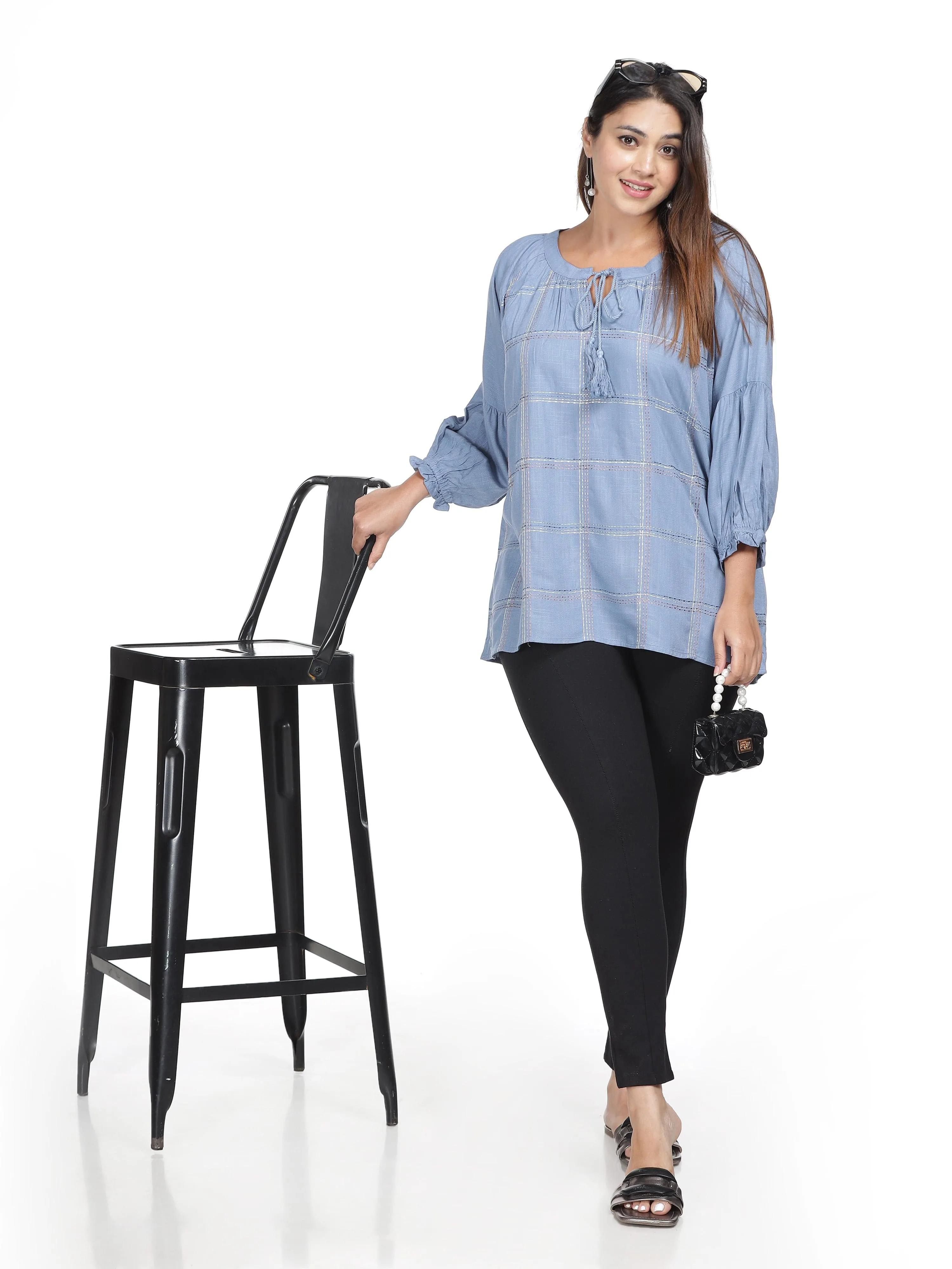 Rayon Top Adjustable Lace Neck Blue