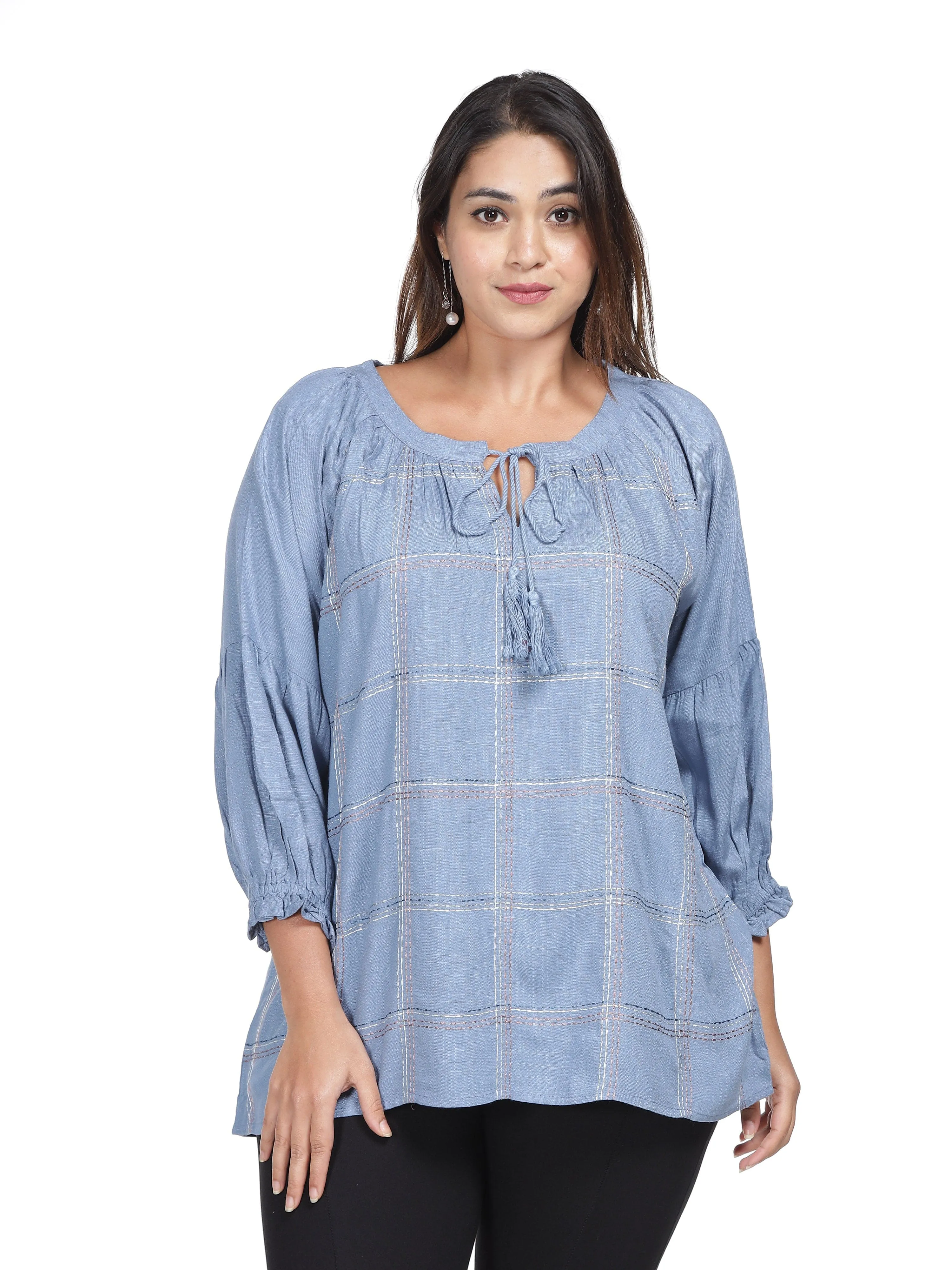 Rayon Top Adjustable Lace Neck Blue