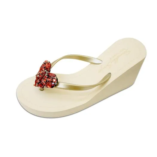 Red Heart - Rhine Stone Embellished Women's High Wedge Flip Flops Sandal